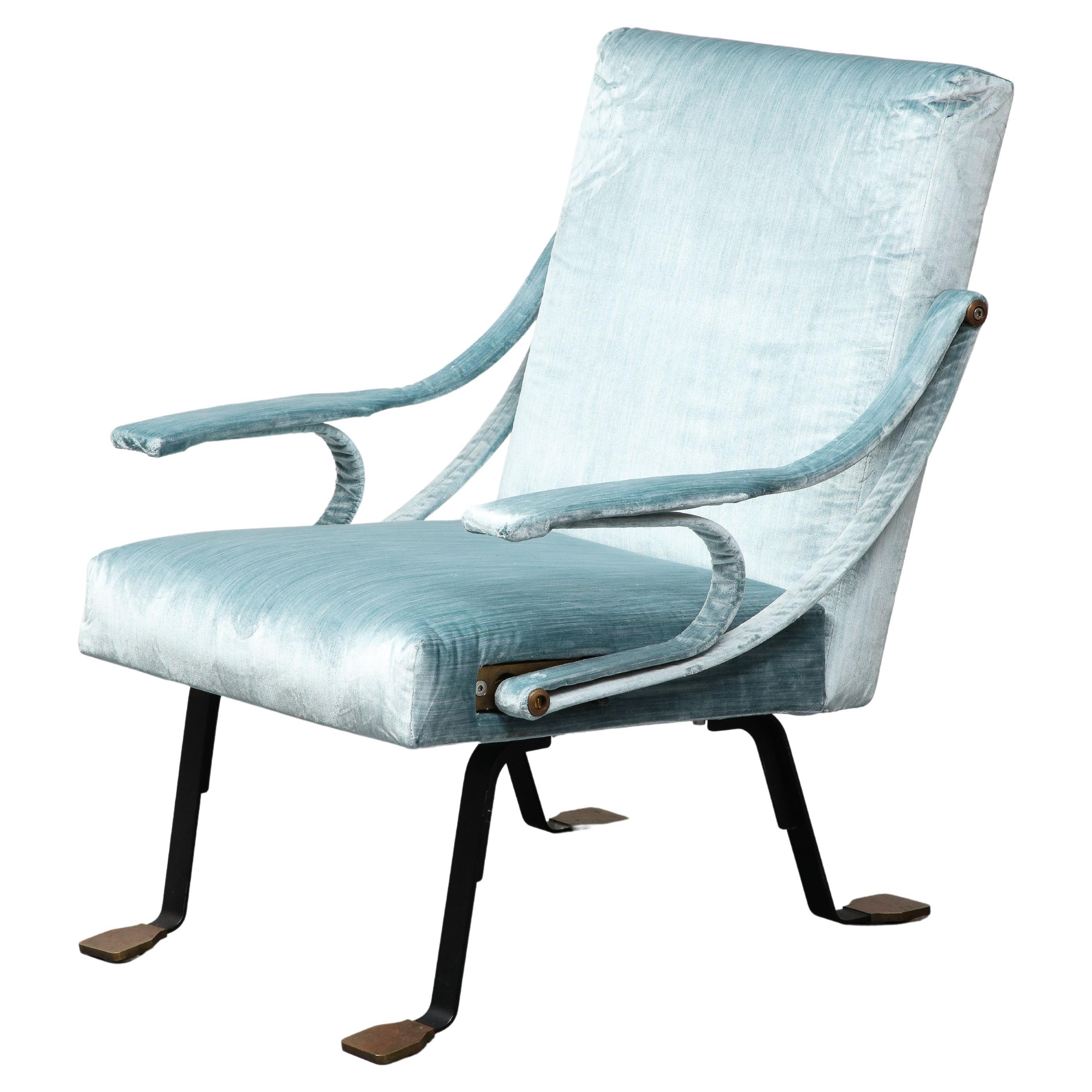 Blue Silk Velvet Lounge Chair "Digamma" by Ignazio Gardella