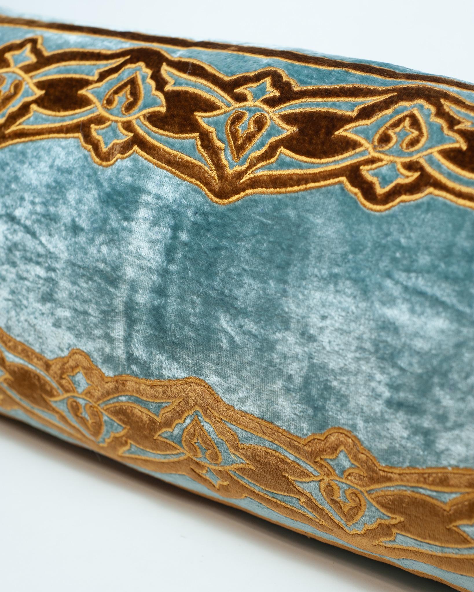 Italian Blue Silk Velvet Pillow with Gold Embroidery and Tassels