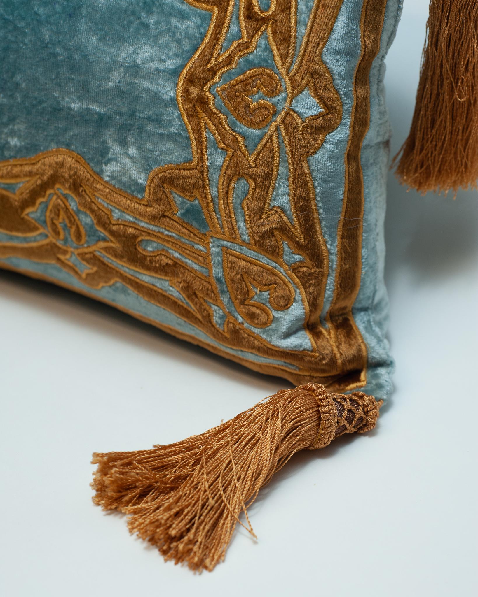 Blue Silk Velvet Pillow with Gold Embroidery and Tassels In New Condition In Toronto, ON