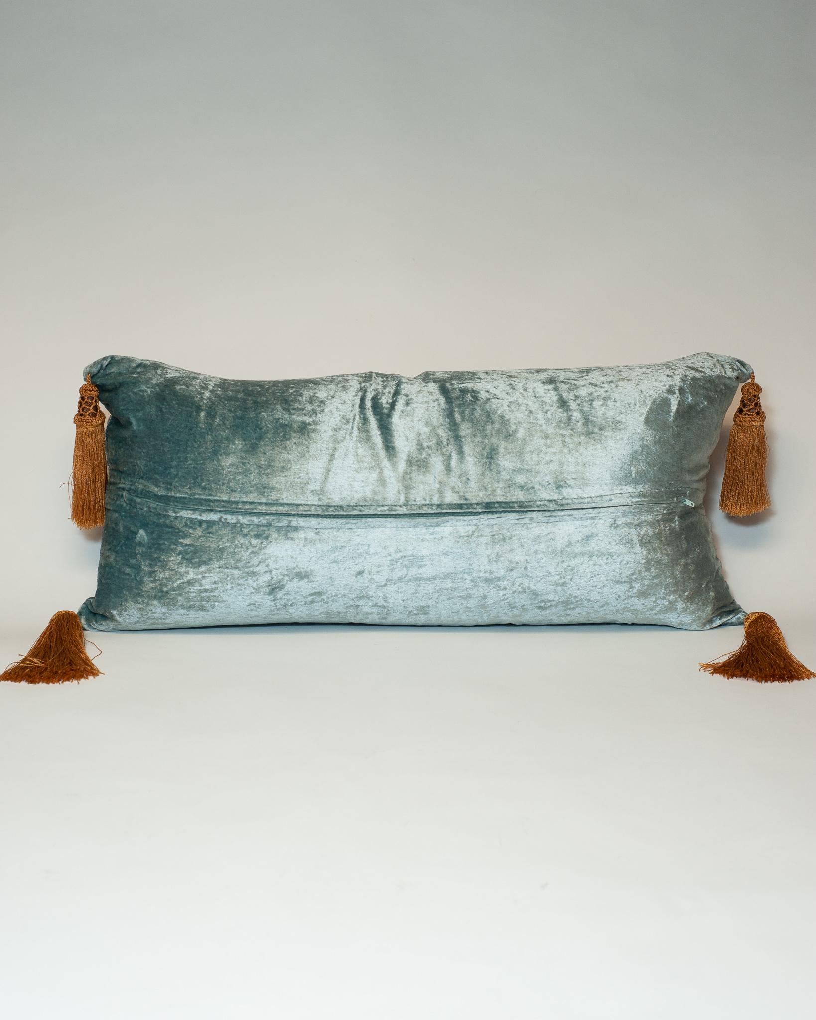Contemporary Blue Silk Velvet Pillow with Gold Embroidery and Tassels