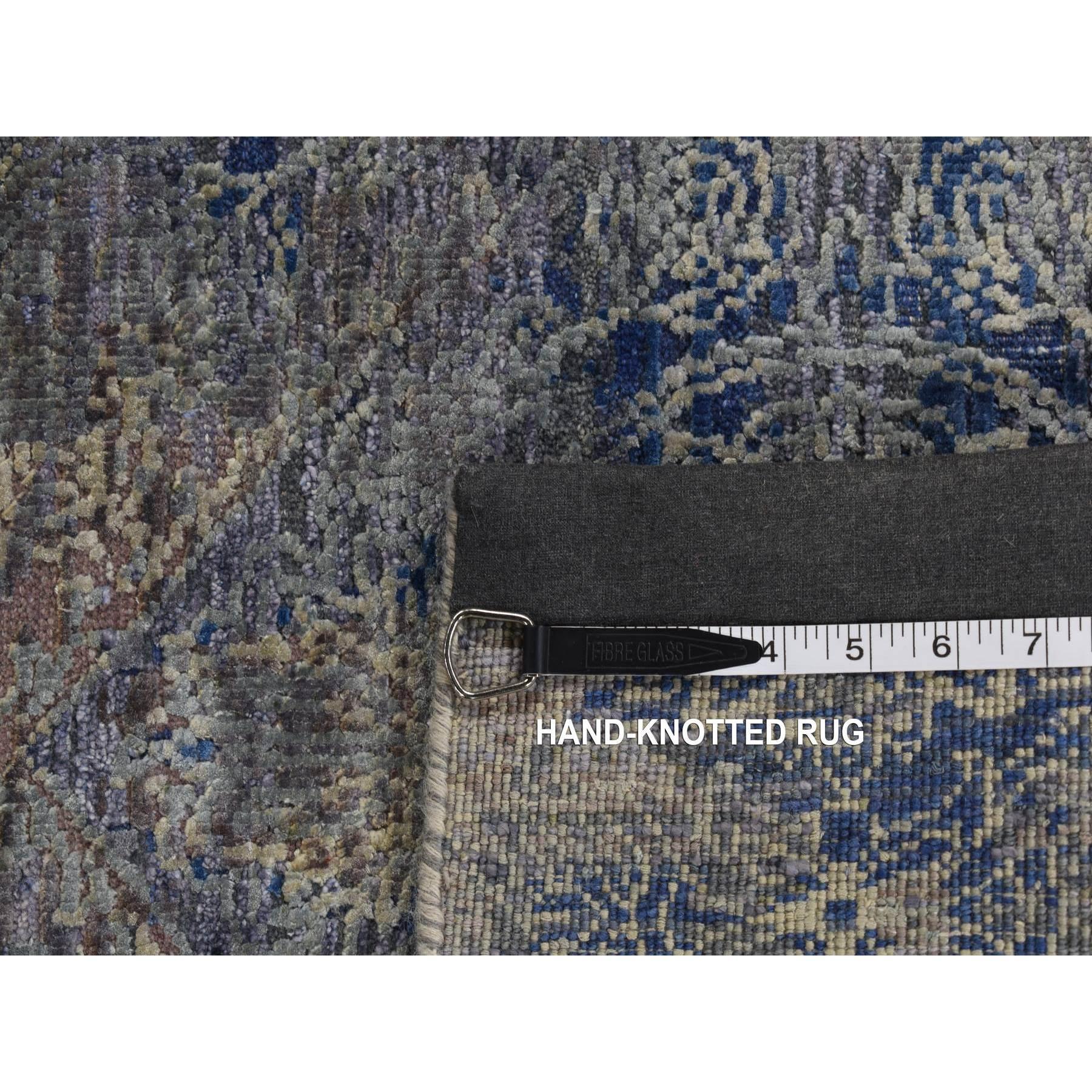 Blue Silk with Wool Erased Rosette Design Hand Knotted Oriental Rug 8'9