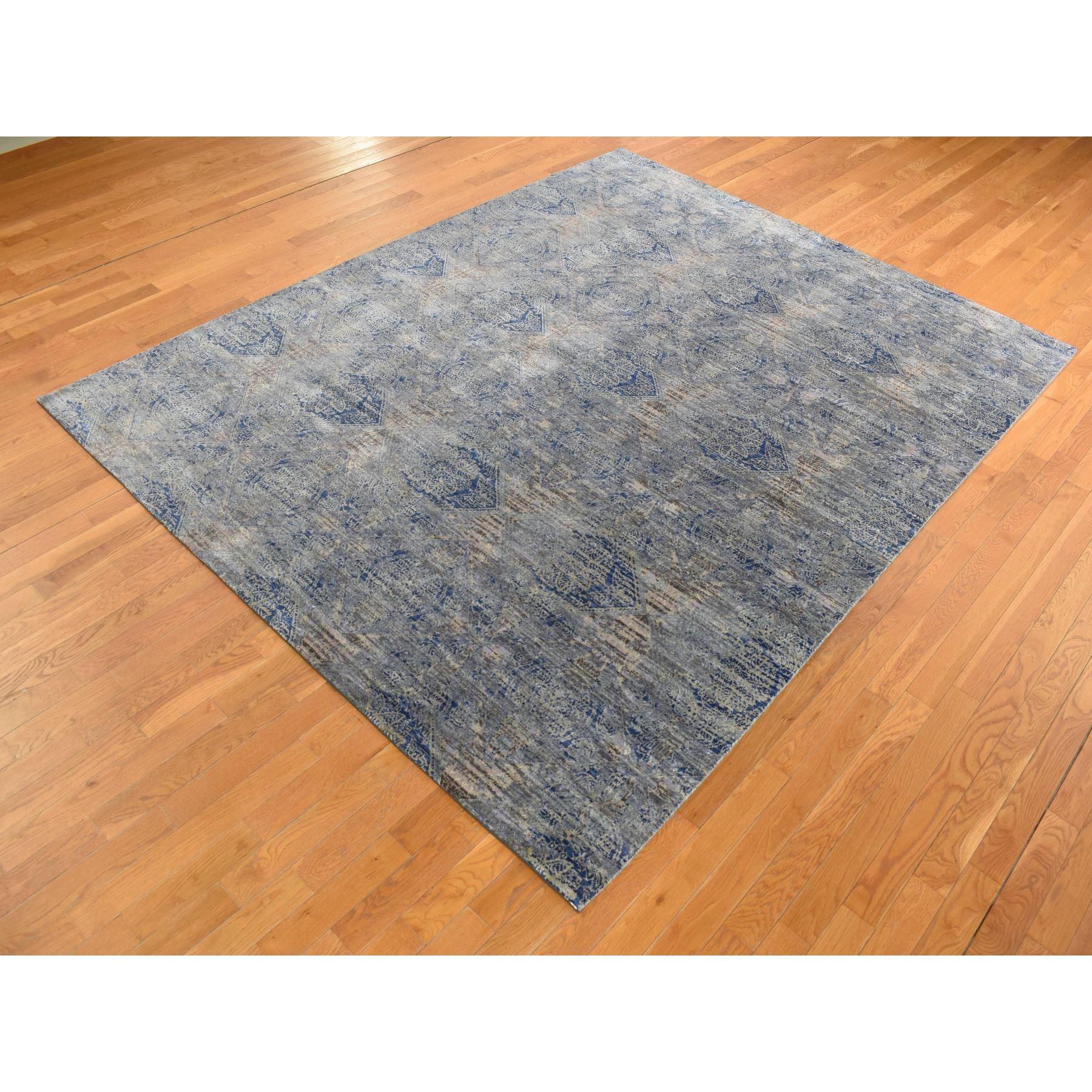 Modern Blue Silk with Wool Erased Rosette Design Hand Knotted Oriental Rug 8'9