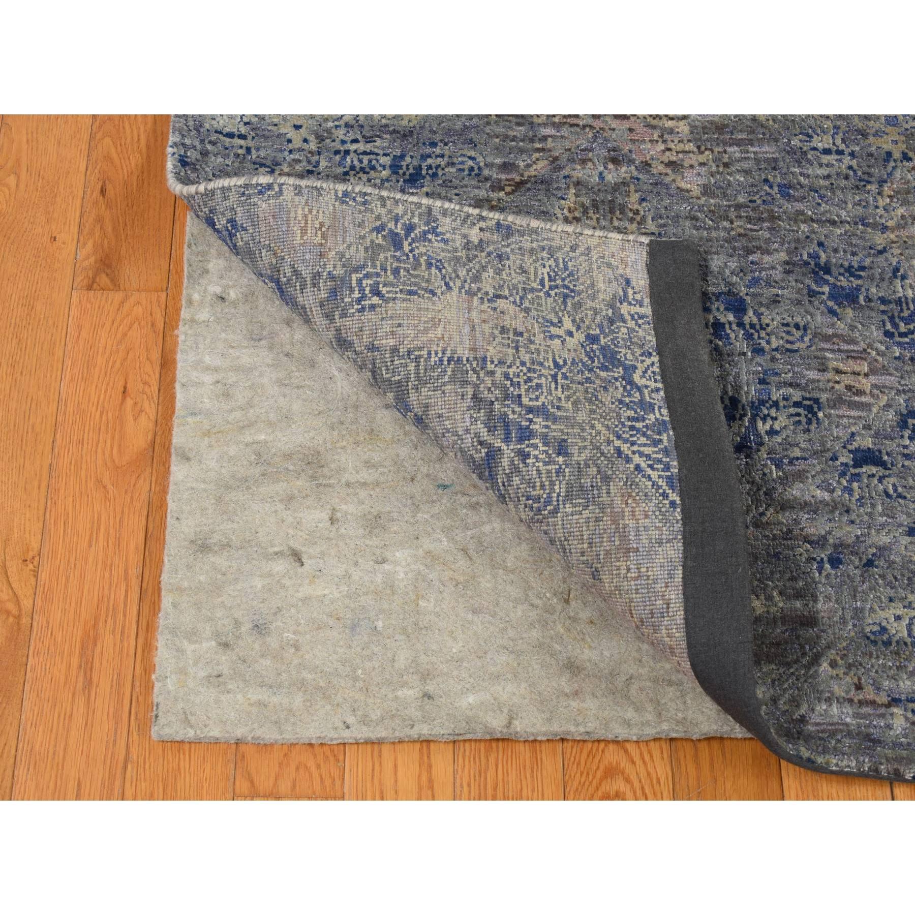Indian Blue Silk with Wool Erased Rosette Design Hand Knotted Oriental Rug 8'9