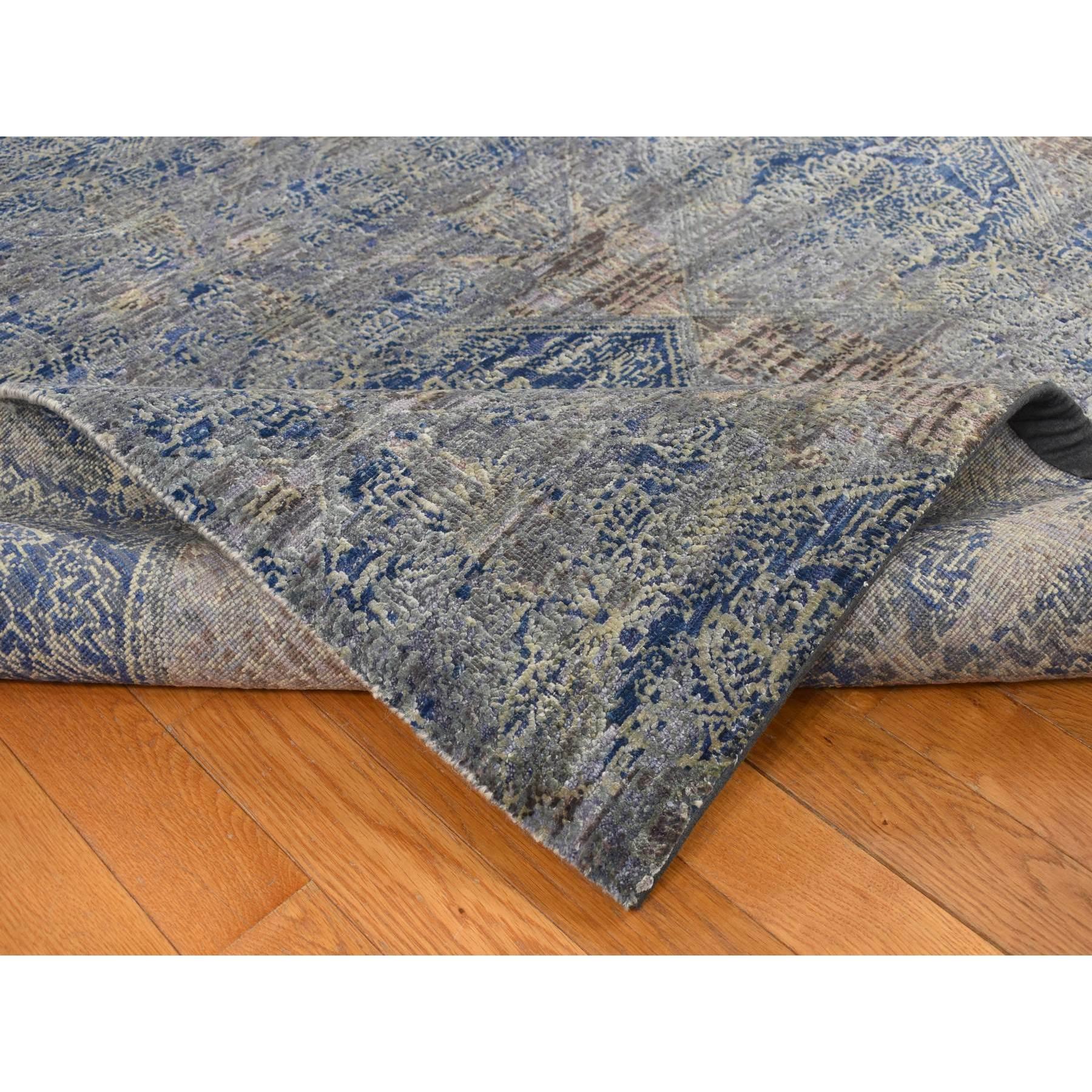 Hand-Knotted Blue Silk with Wool Erased Rosette Design Hand Knotted Oriental Rug 8'9