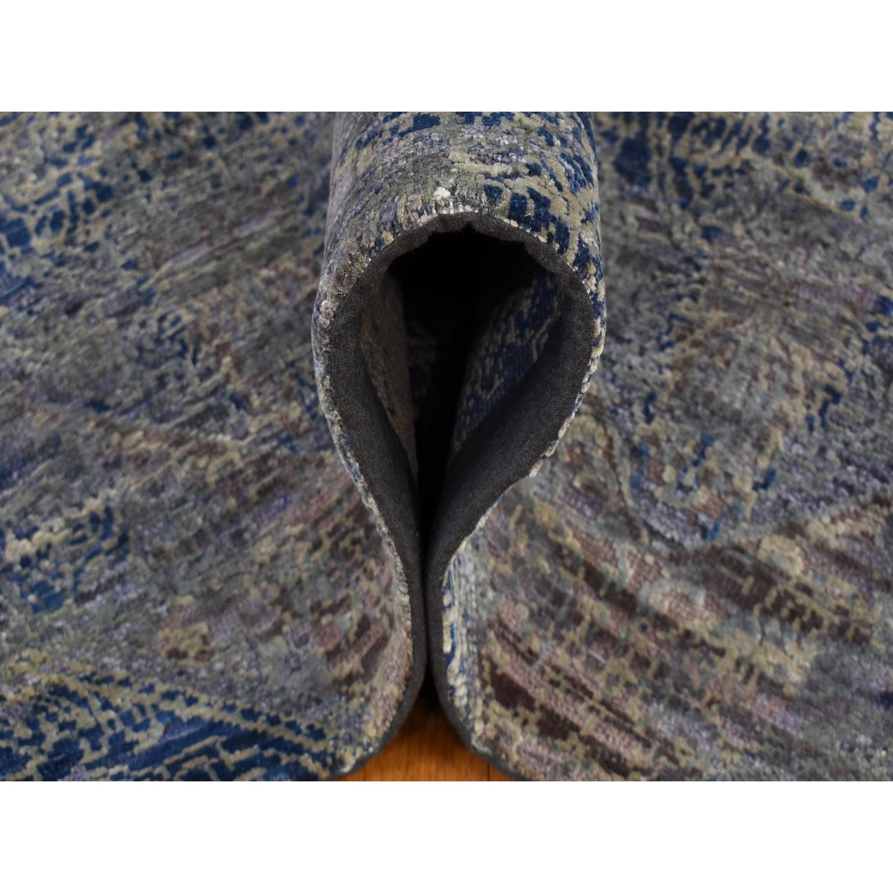 Blue Silk with Wool Erased Rosette Design Hand Knotted Oriental Rug 8'9