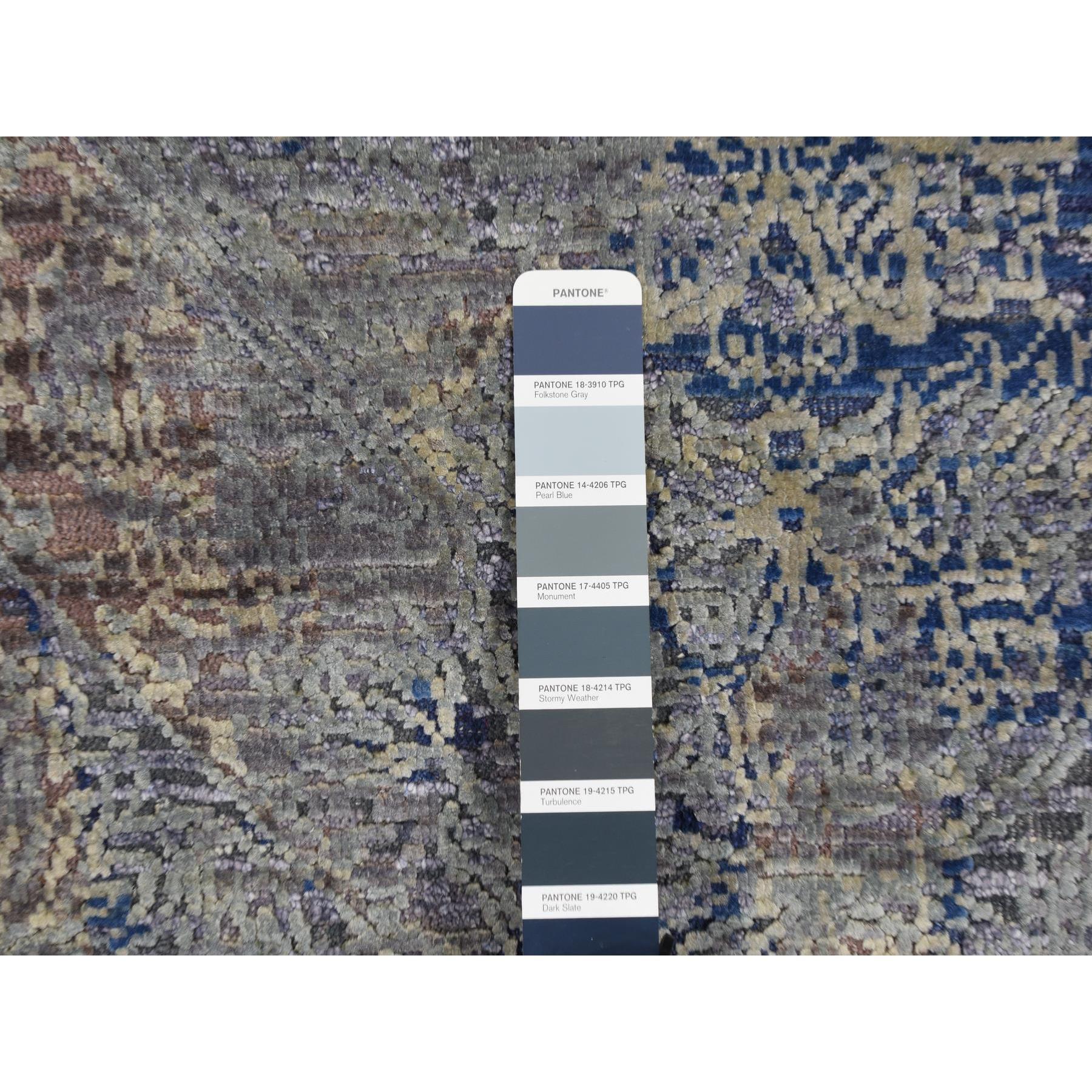 Contemporary Blue Silk with Wool Erased Rosette Design Hand Knotted Oriental Rug 8'9