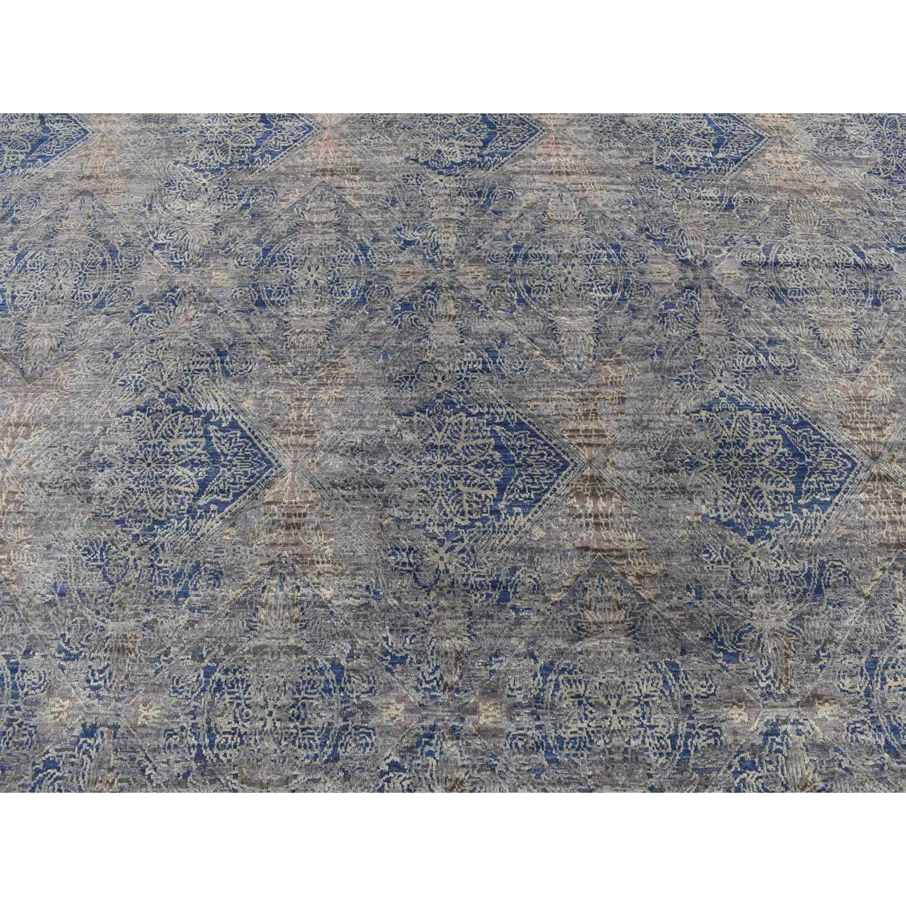 Blue Silk with Wool Erased Rosette Design Hand Knotted Oriental Rug 8'9