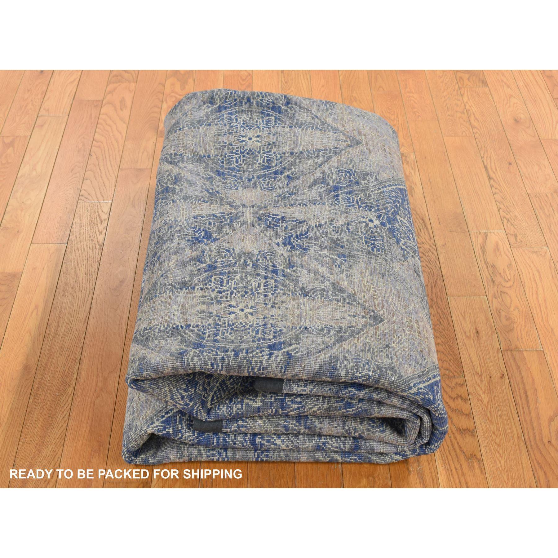 Blue Silk with Wool Erased Rosette Design Hand Knotted Oriental Rug 8'9