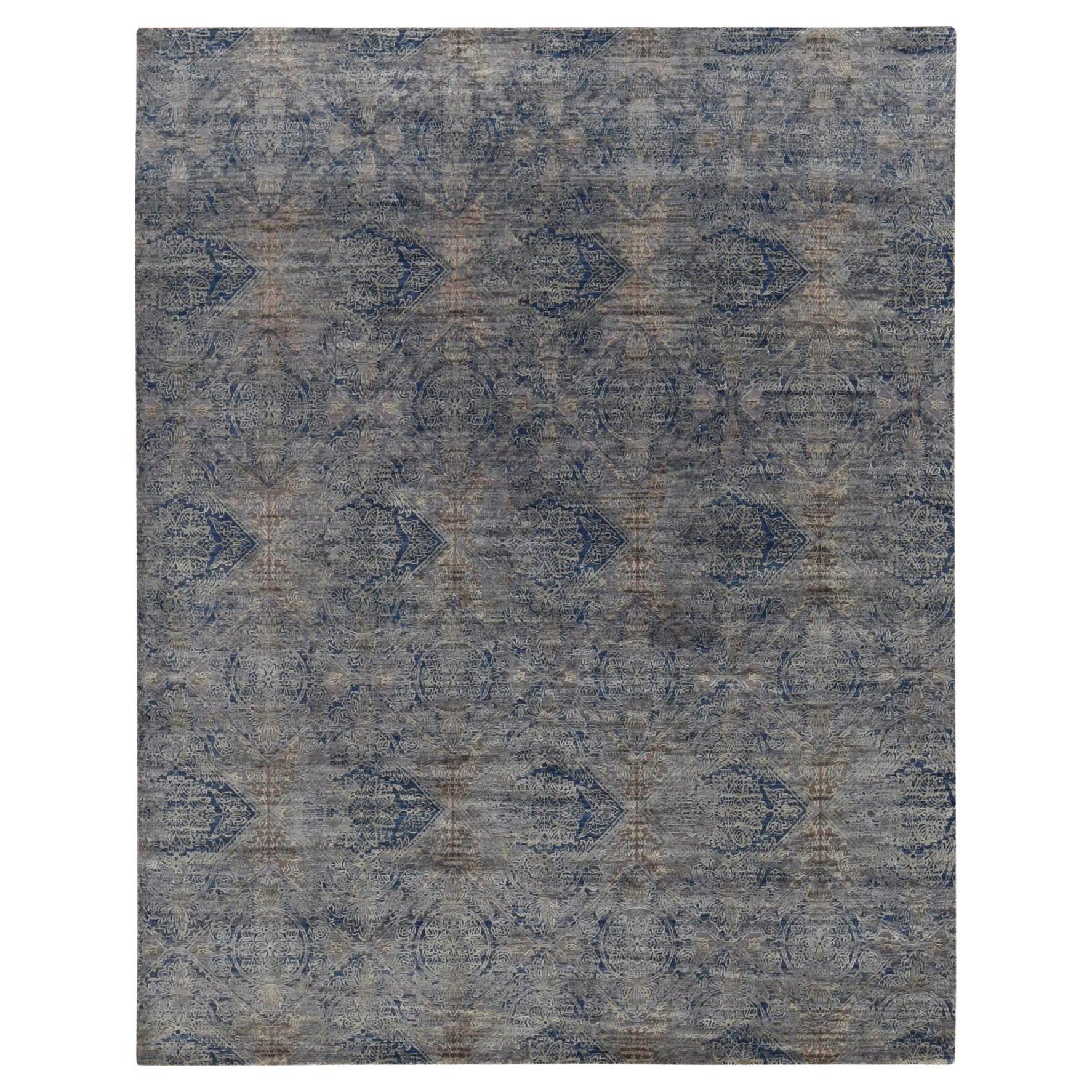 Tappeto orientale annodato a mano blu in seta e lana con disegno a rosette cancellate 8'9" x 12'0"