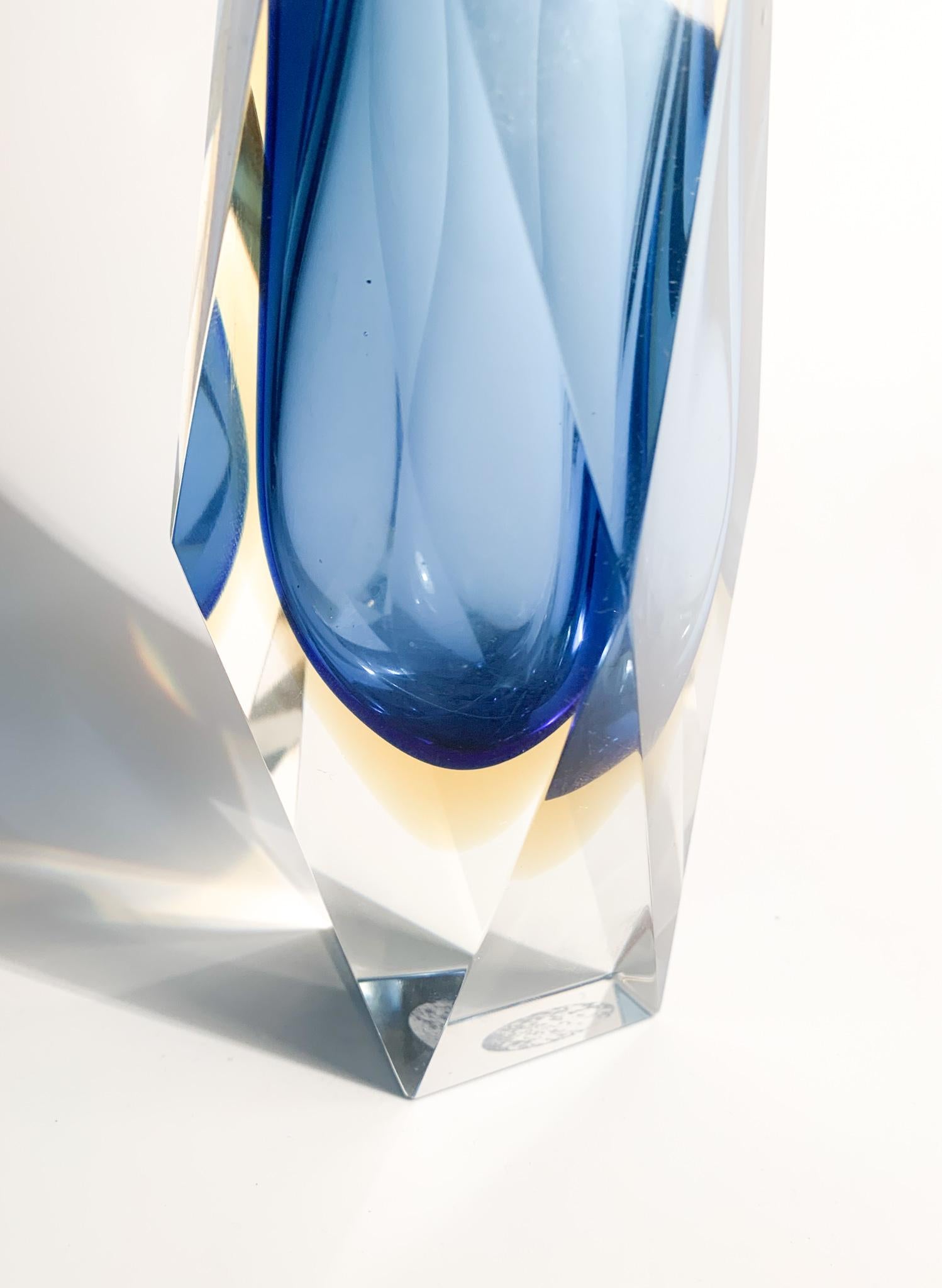 Mid-Century Modern Blue Single Flower Vase in Submerged Murano Glass Attributed to Flavio Poli