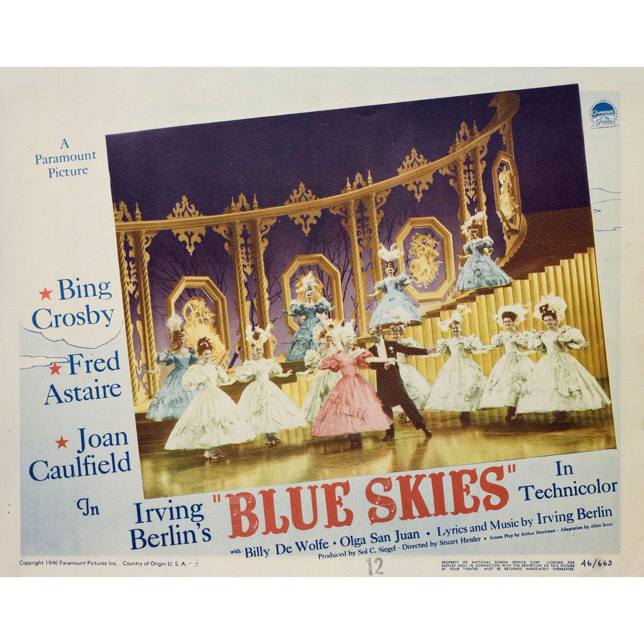 Original 1946 U.S. scene card for the film Blue Skies directed by Stuart Heisler / Mark Sandrich with Bing Crosby / Fred Astaire / Joan Caulfield / Billy De Wolfe. Very good-fine condition. Please note: the size is stated in inches and the actual