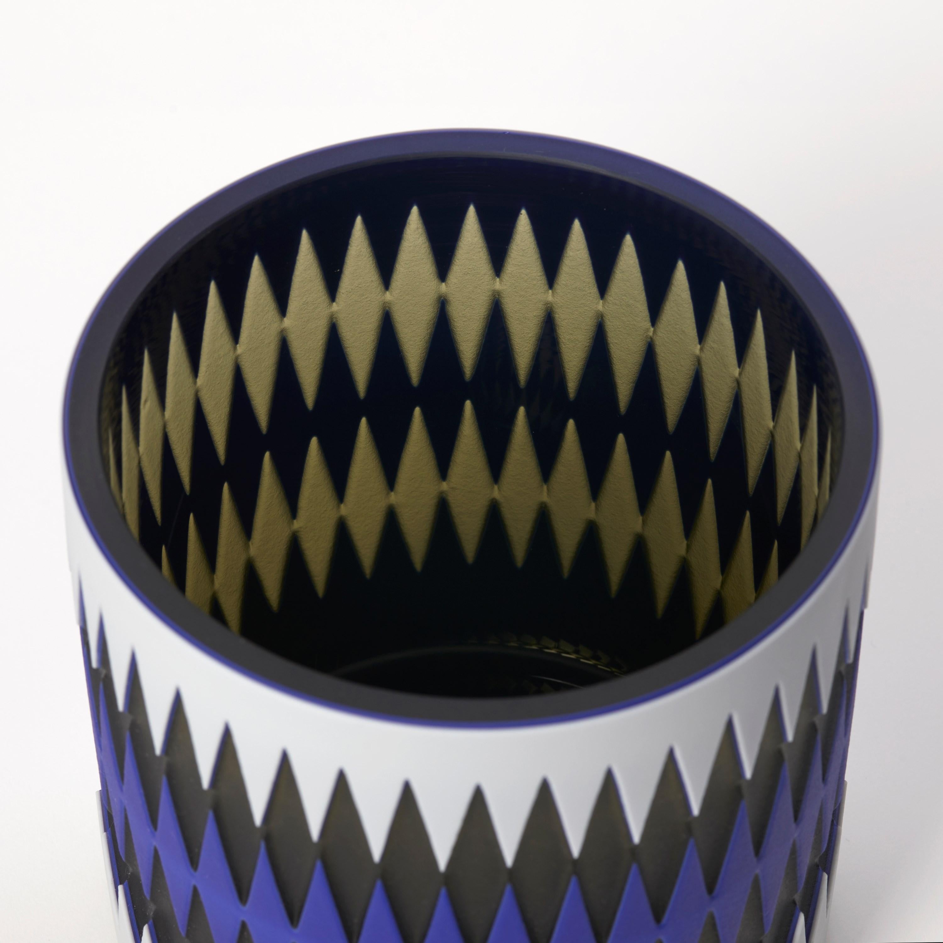 Organic Modern Blue Skies, a graphic blue, black & grey handblown glass vase by Sarah Wiberley For Sale