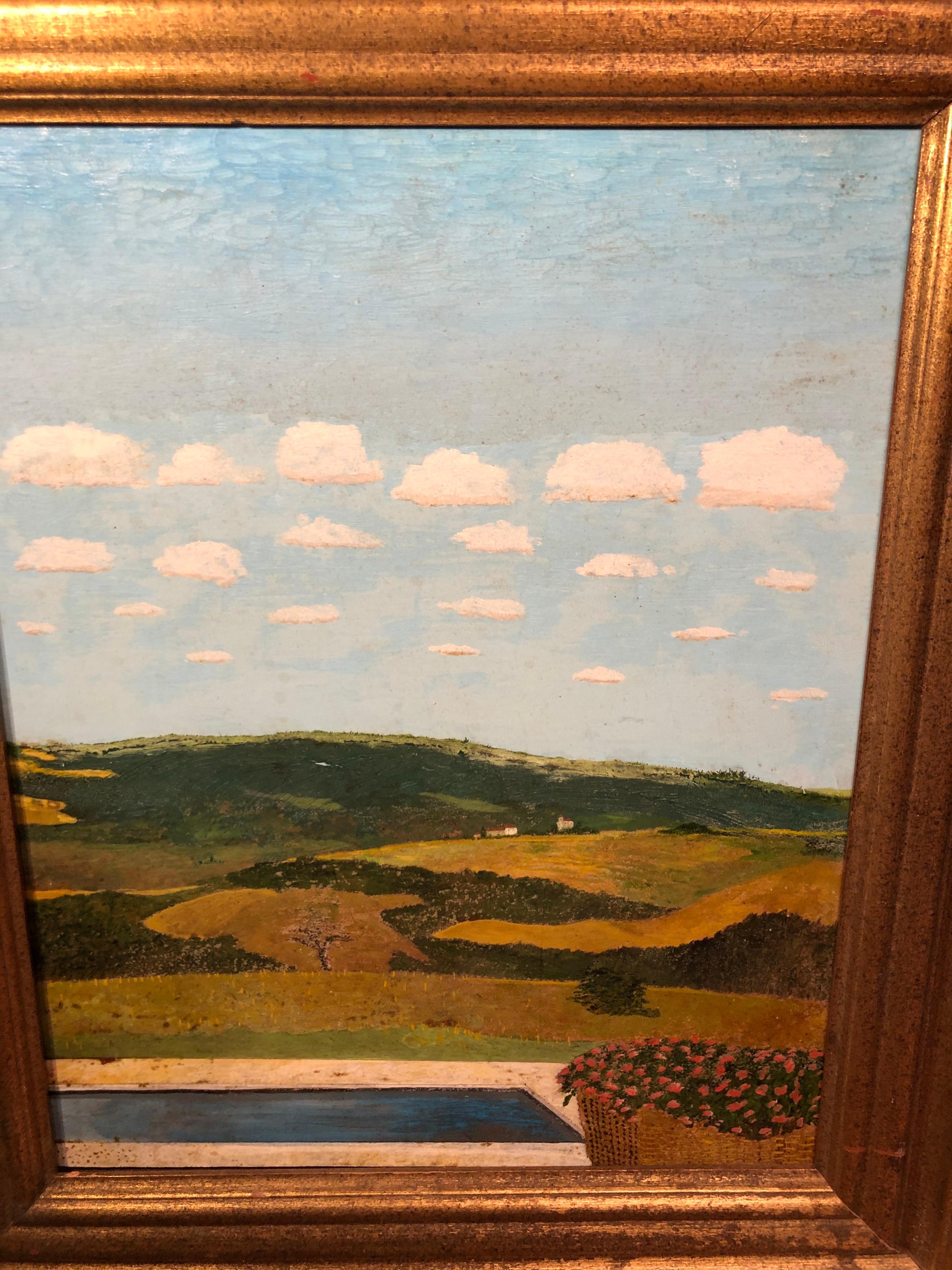 „Blaue Himmel“ Landschaftsgemälde mit Wolken und Feldern (Holz) im Angebot