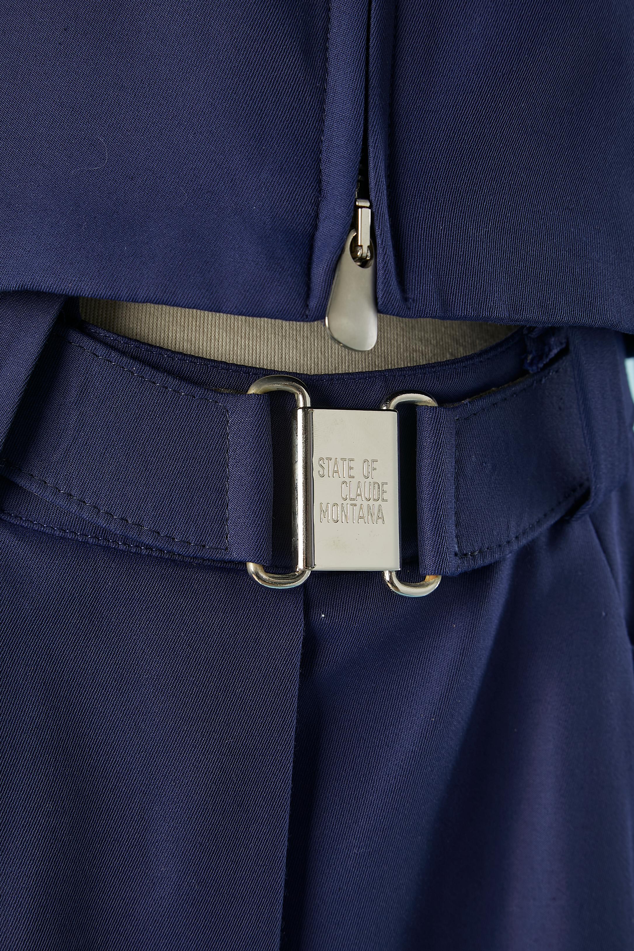 Women's Blue skirt- suit with zip STATE OF CLAUDE MONTANA Circa 1980's For Sale