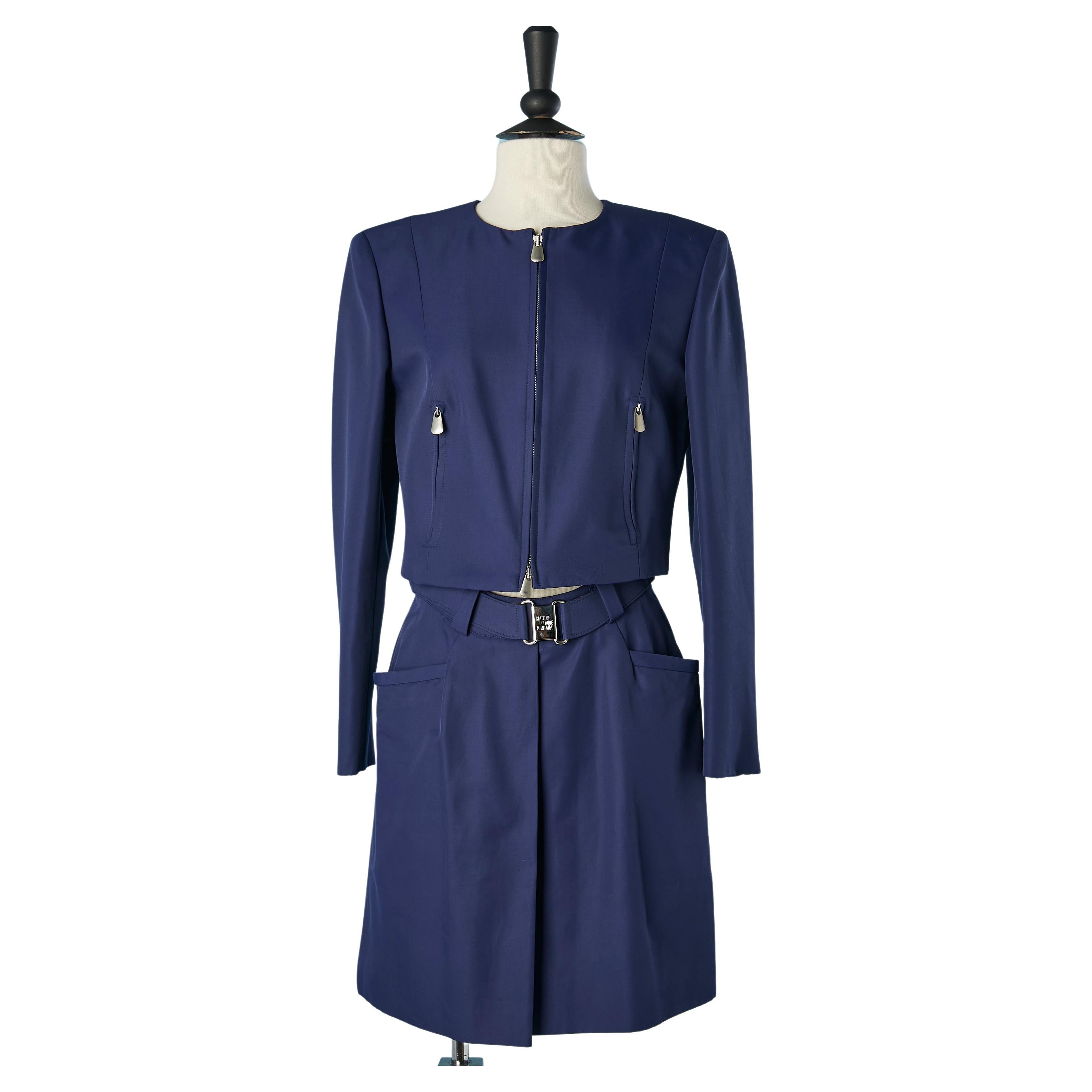 Blue skirt- suit with zip STATE OF CLAUDE MONTANA Circa 1980's For Sale