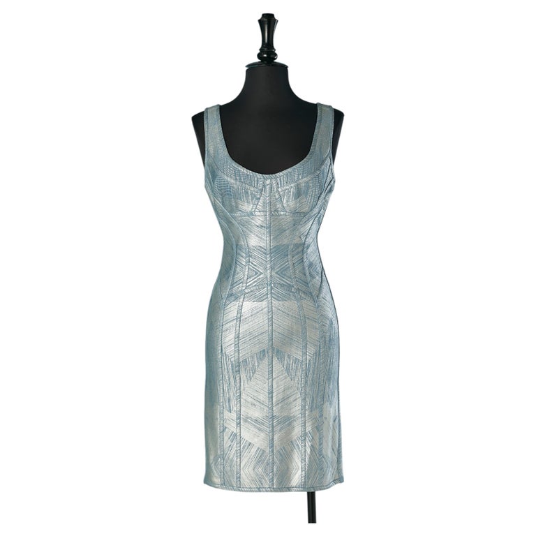 Blue sleeveless dress with silver coated HERVE LEGER For Sale at 1stDibs