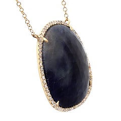 Blue Sliced 32 Carat Sapphire 0.50 Carat Diamonds 14 Karat Yellow Gold Necklace