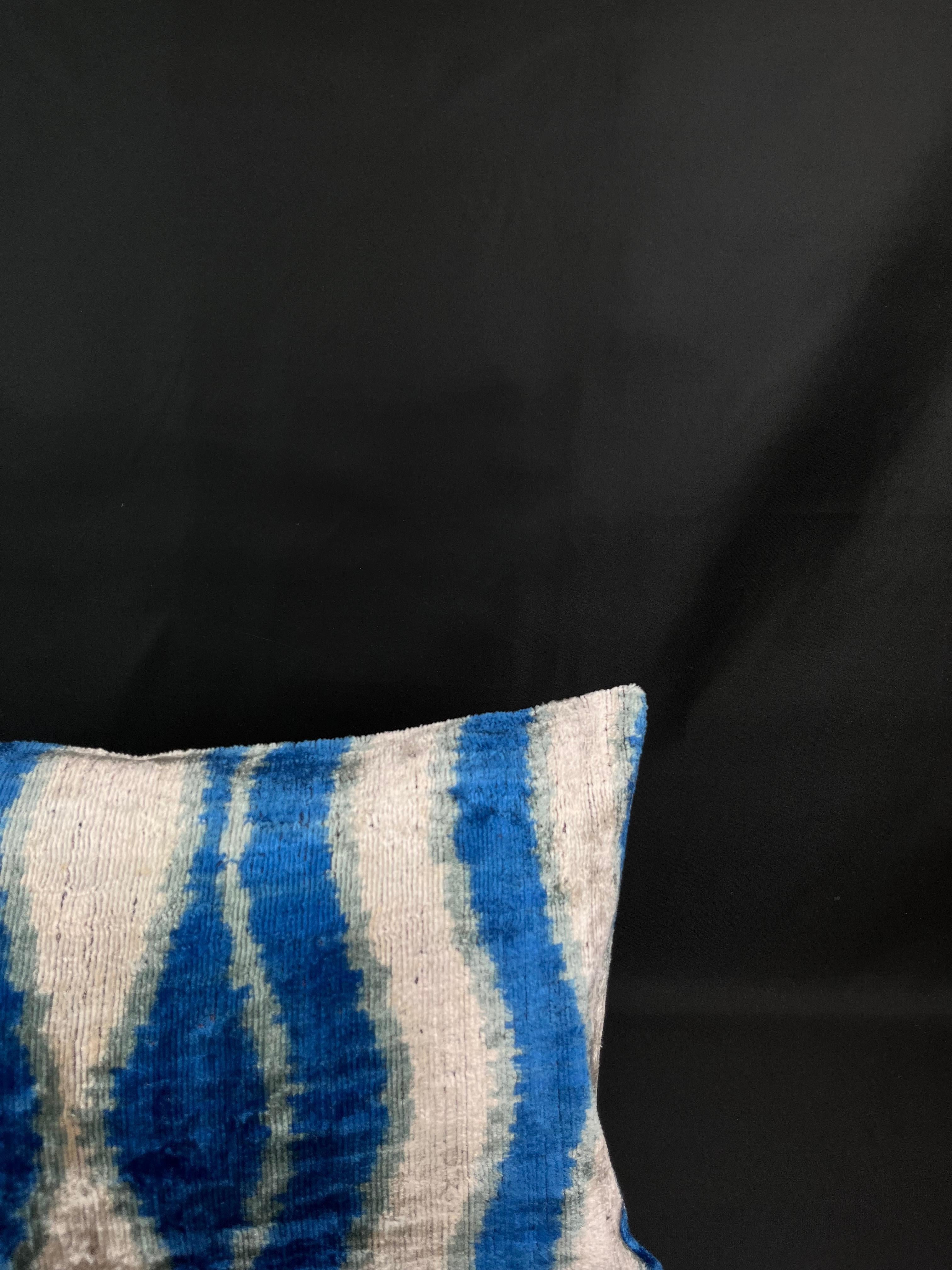 Modern Blue Small Velvet Silk Ikat Pillow Cover