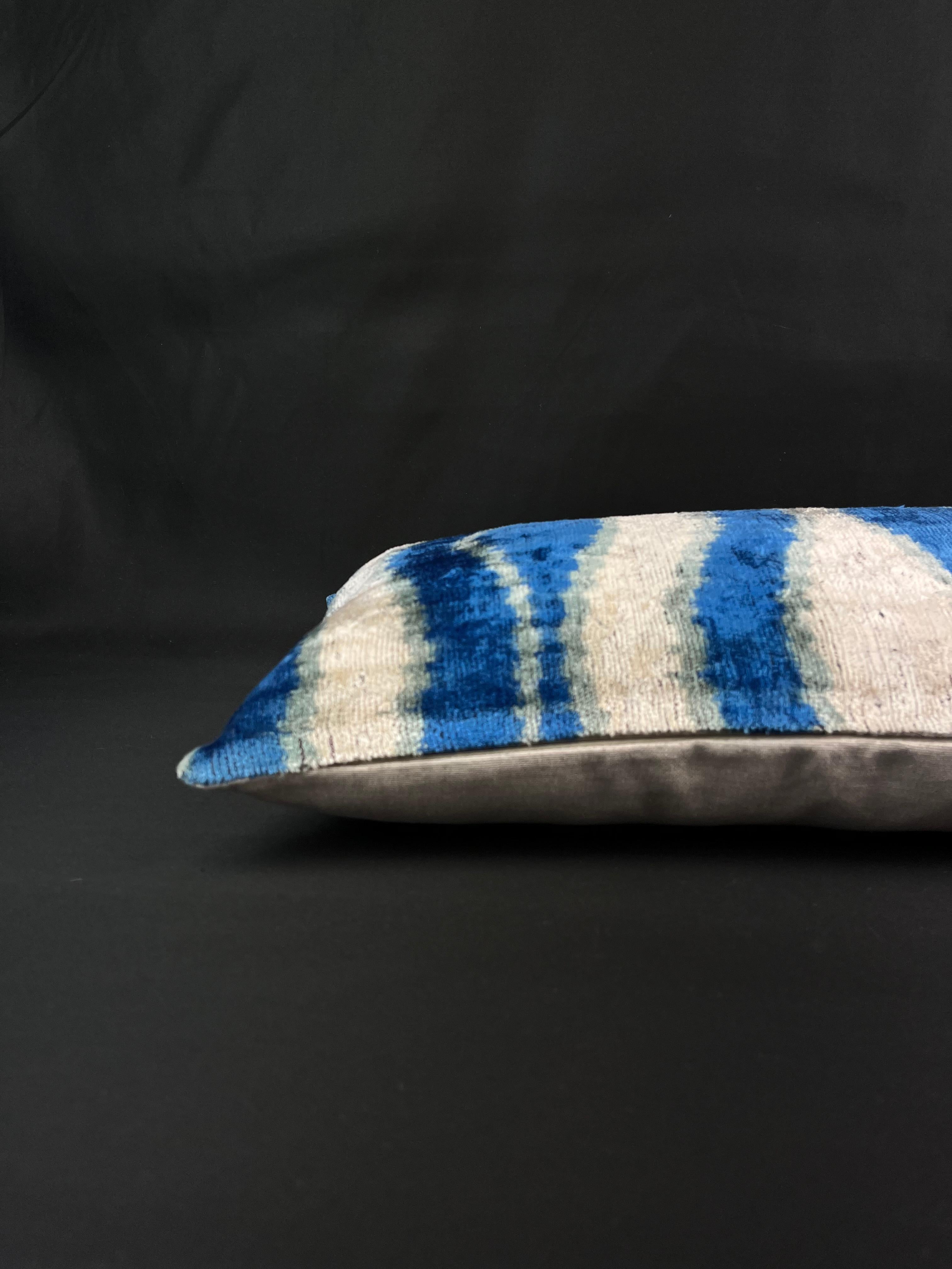 Turkish Blue Small Velvet Silk Ikat Pillow Cover