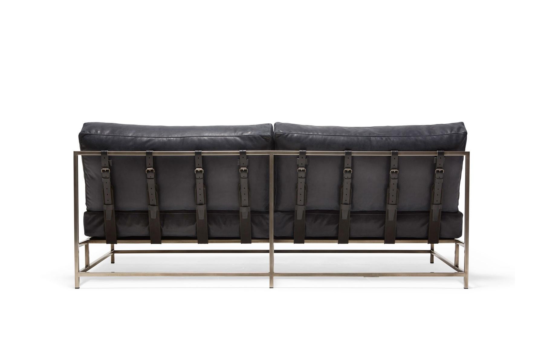 Modern Blue Smoke Leather and Antique Nickel Loveseat For Sale