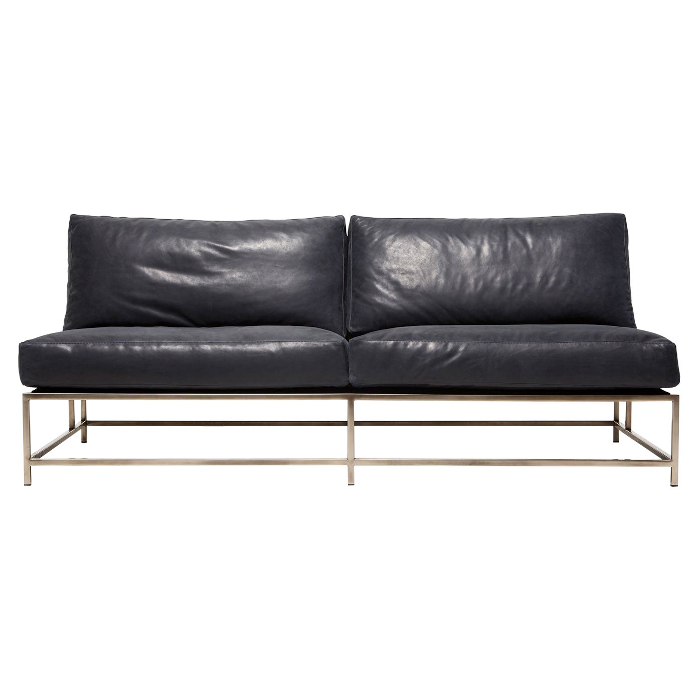 Loveseat de cuero ahumado azul y níquel antiguo