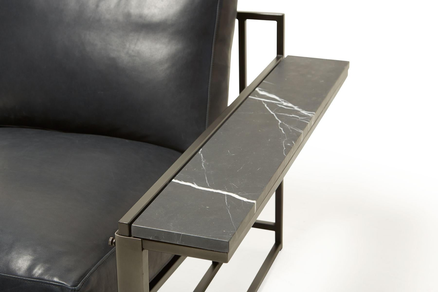 Modern Blue Smoke Leather and Blackened Steel Armchair with Black Marble Wing Table For Sale