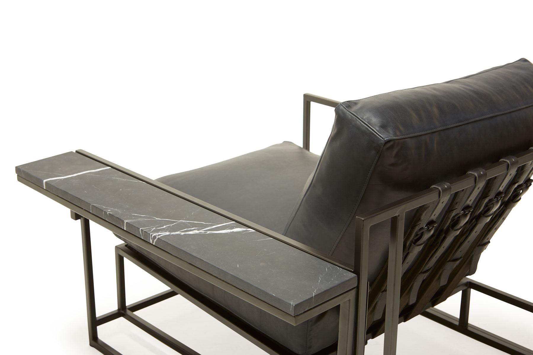 American Blue Smoke Leather and Blackened Steel Armchair with Black Marble Wing Table For Sale