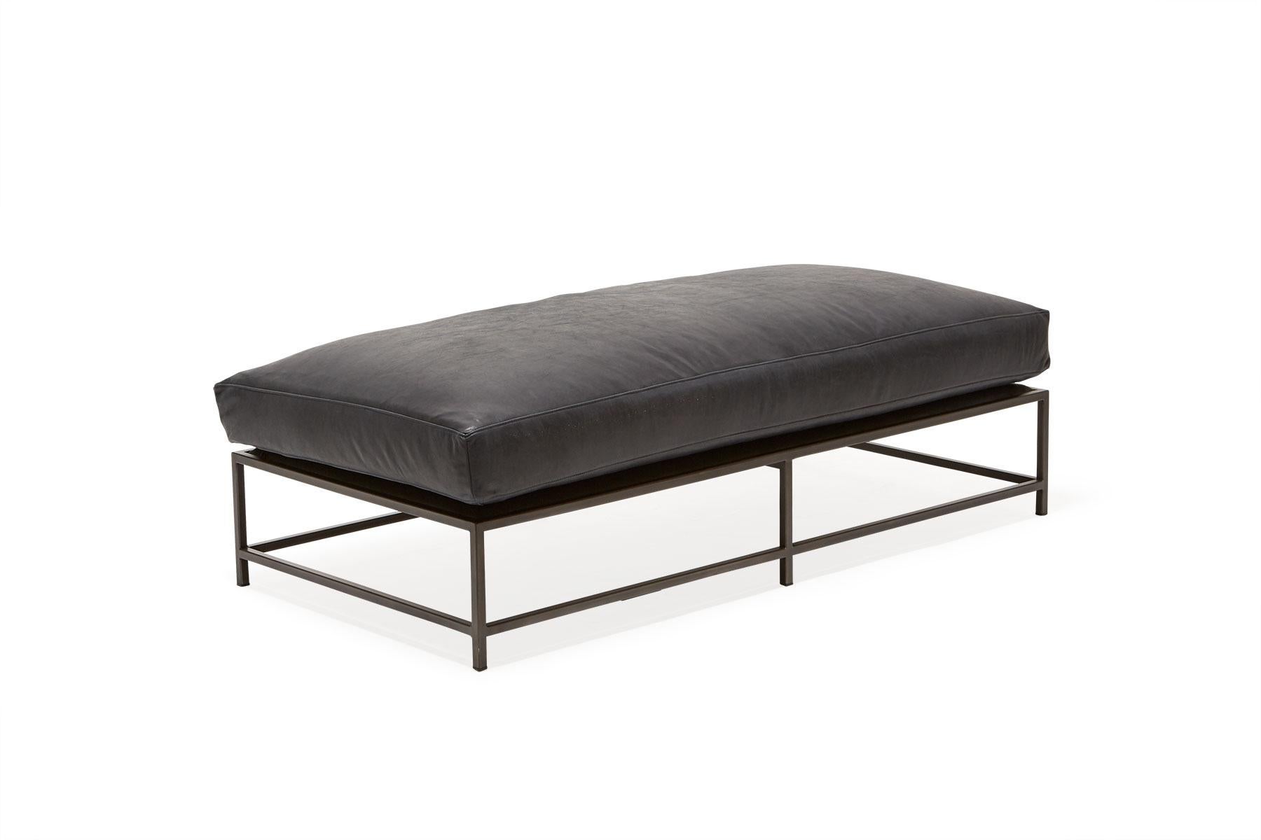 Modern Blue Smoke Leather and Blackened Steel Bench For Sale