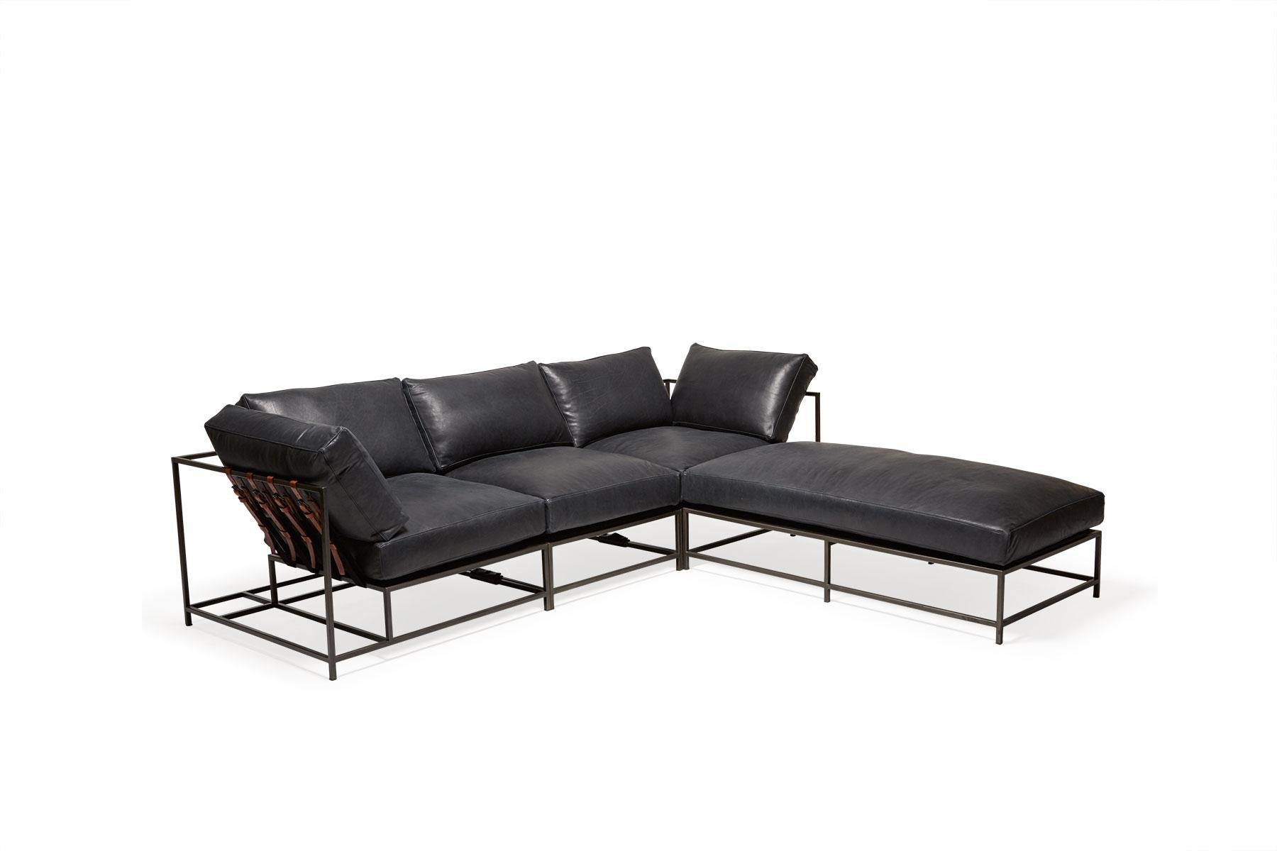 Blue Smoke Leather and Blackened Steel Sectional For Sale 6