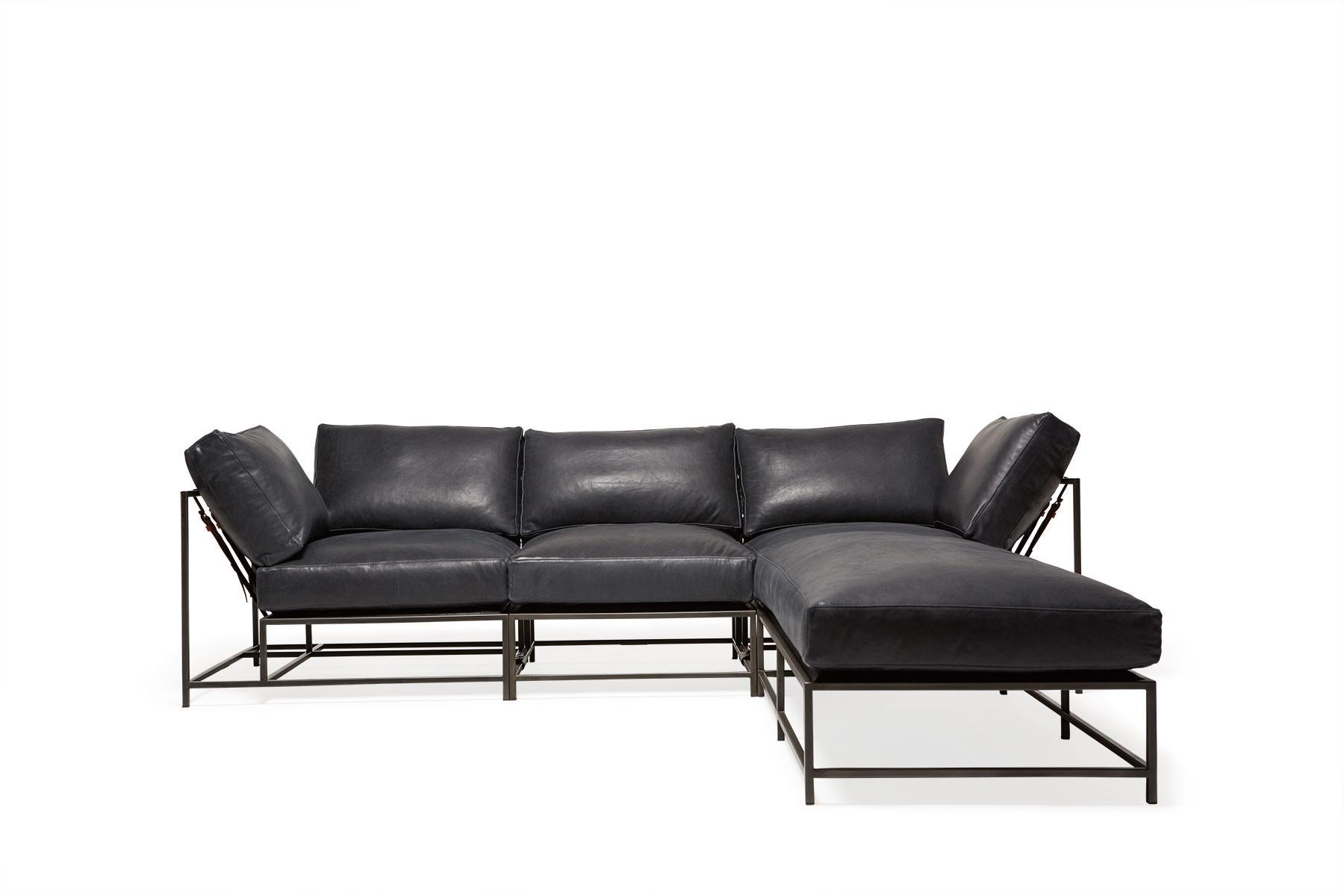 Modern Blue Smoke Leather and Blackened Steel Sectional For Sale