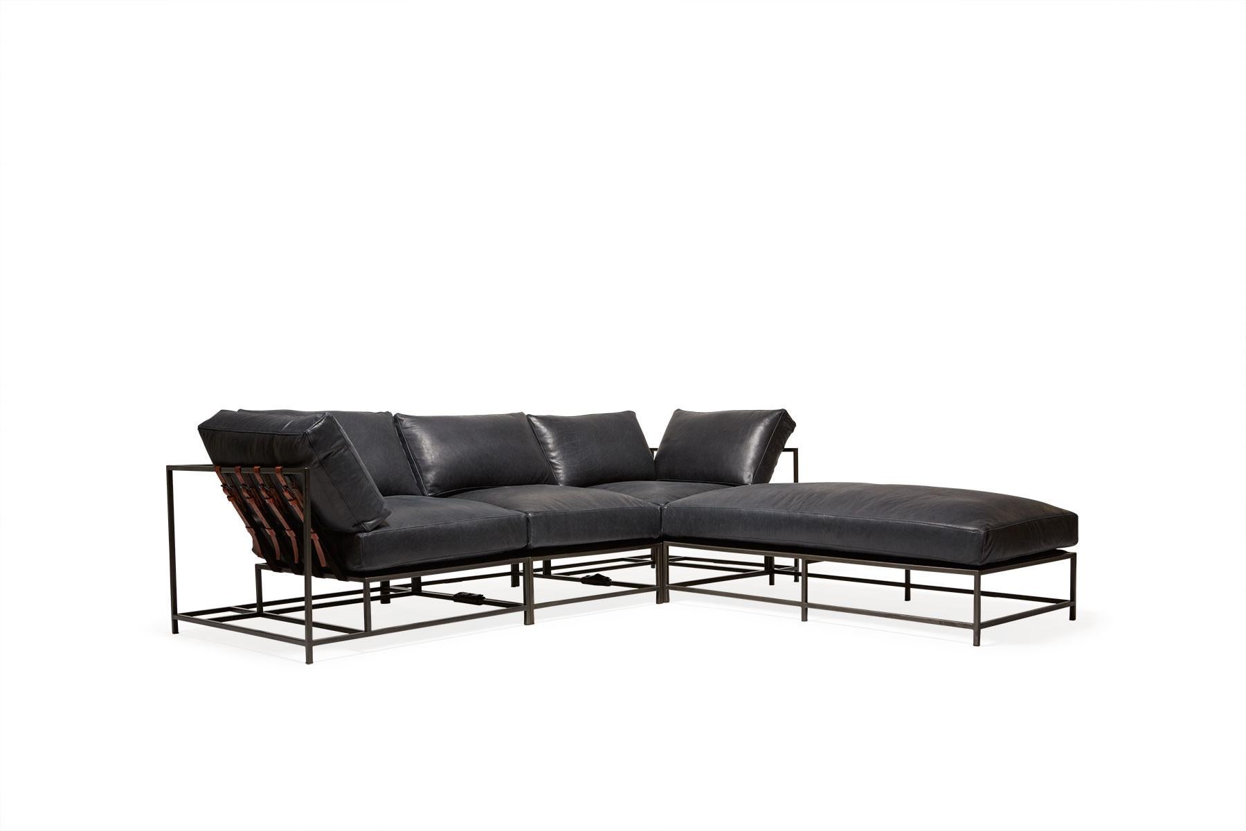American Blue Smoke Leather and Blackened Steel Sectional For Sale