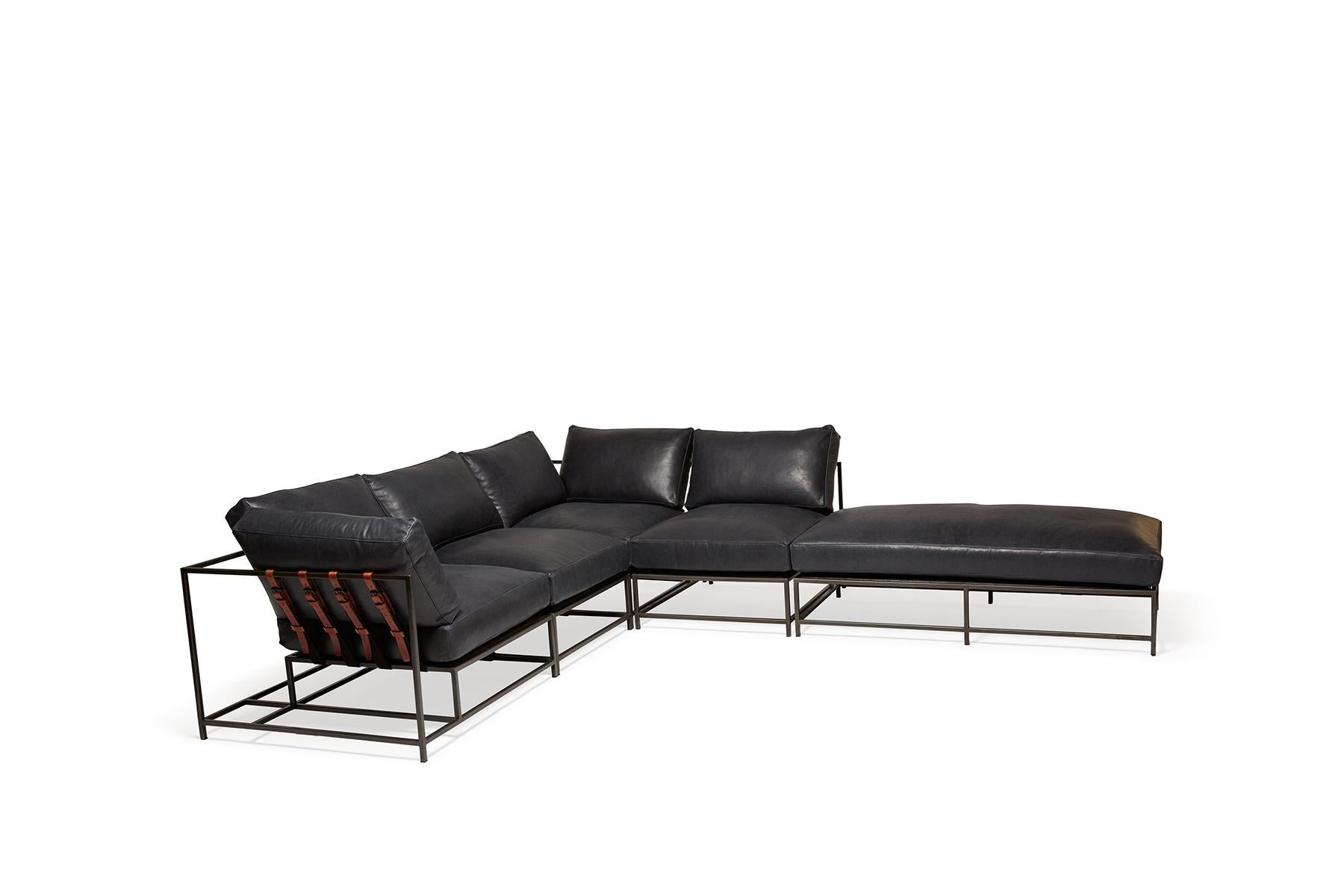 Welded Blue Smoke Leather and Blackened Steel Sectional For Sale