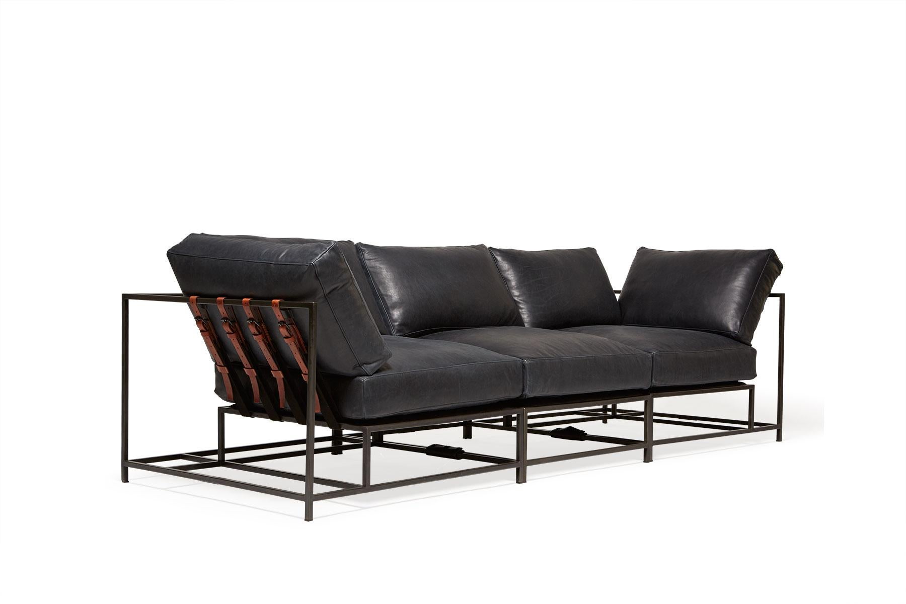 Contemporary Blue Smoke Leather and Blackened Steel Sectional For Sale