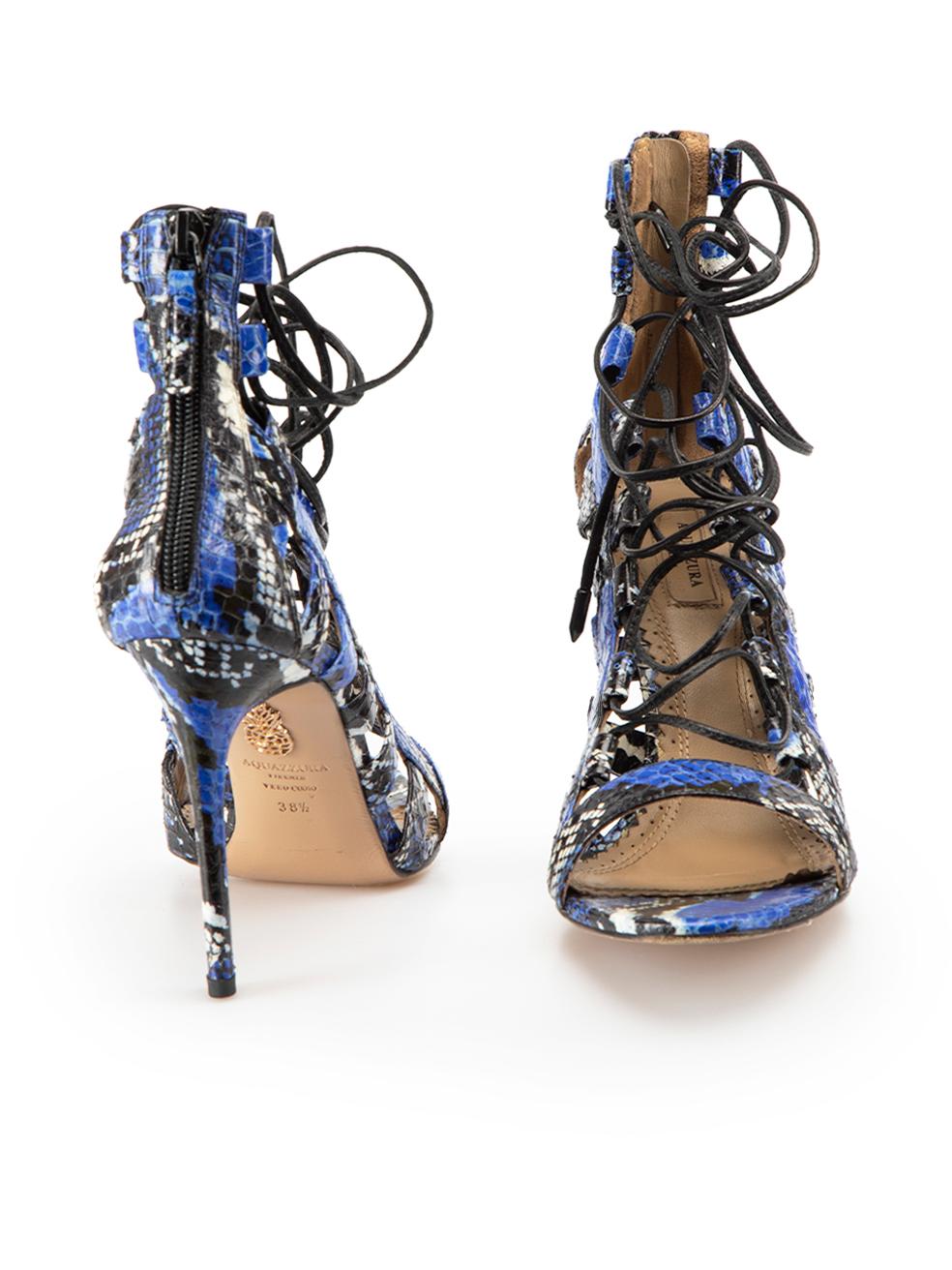 Blue Snakeskin Lace-Up Strappy High Heeled Sandals Size IT 38.5 In Good Condition In London, GB