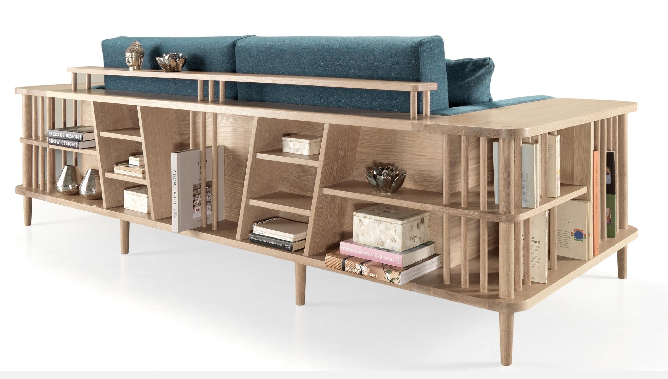 Scandinavian Modern Blue Sofa and Bookshelf Room Divider For Sale