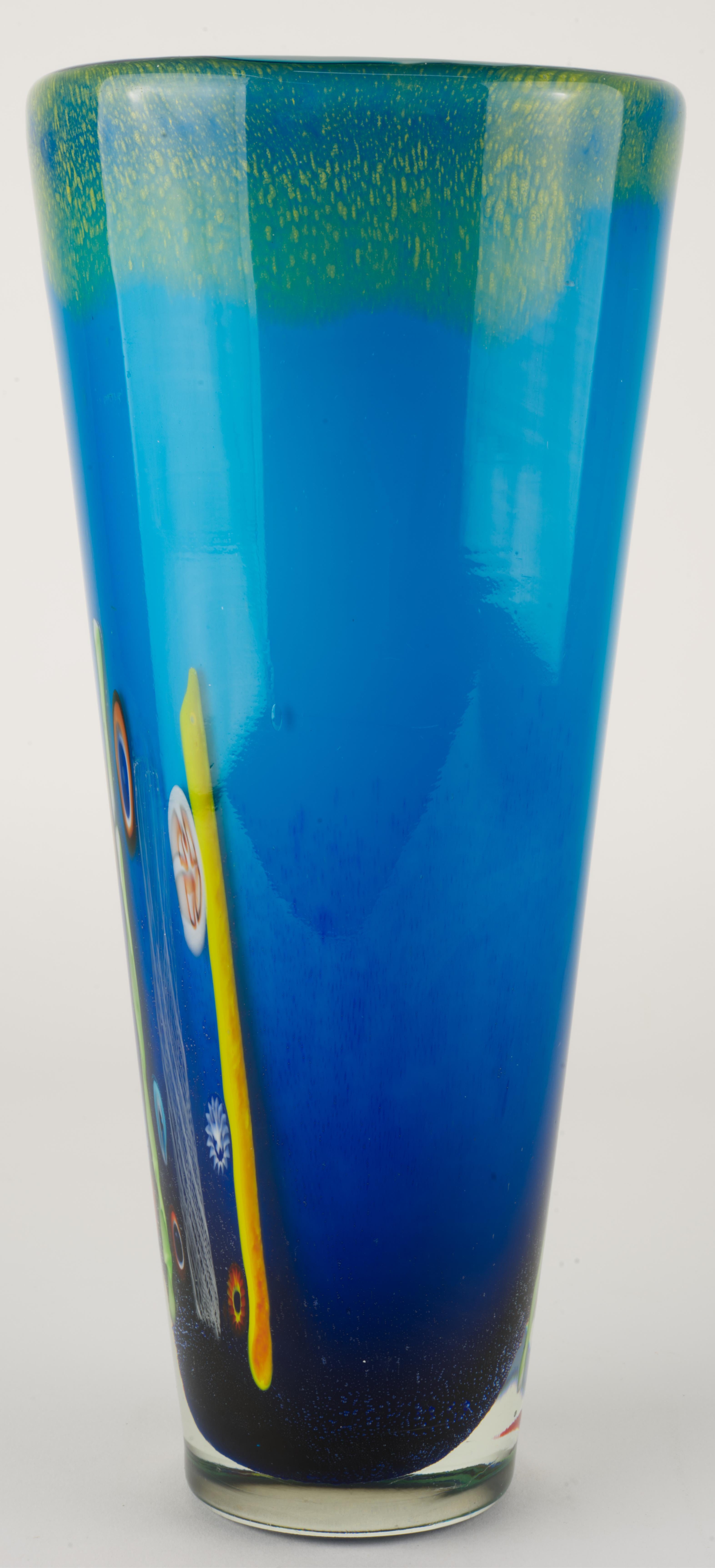 Jarrón Sommerso Millefiori Azul, Murina y Burbujas Controladas, Cristal de Murano Italiano en venta