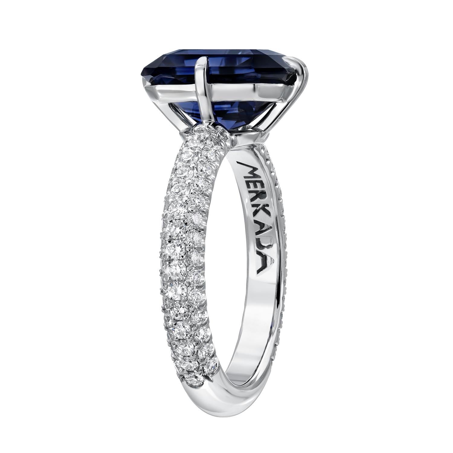 Modern Blue Spinel Ring 4.01 Carat Emerald Cut For Sale