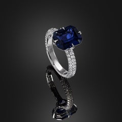 4.01 Carat Deep Blue Spinel Emerald Cut Platinum Ring with Micro Pave Diamonds