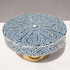Blue Spiral Leaf Bone Inlay Coffee Table, Hammered Brass Legs by House of Jaipur