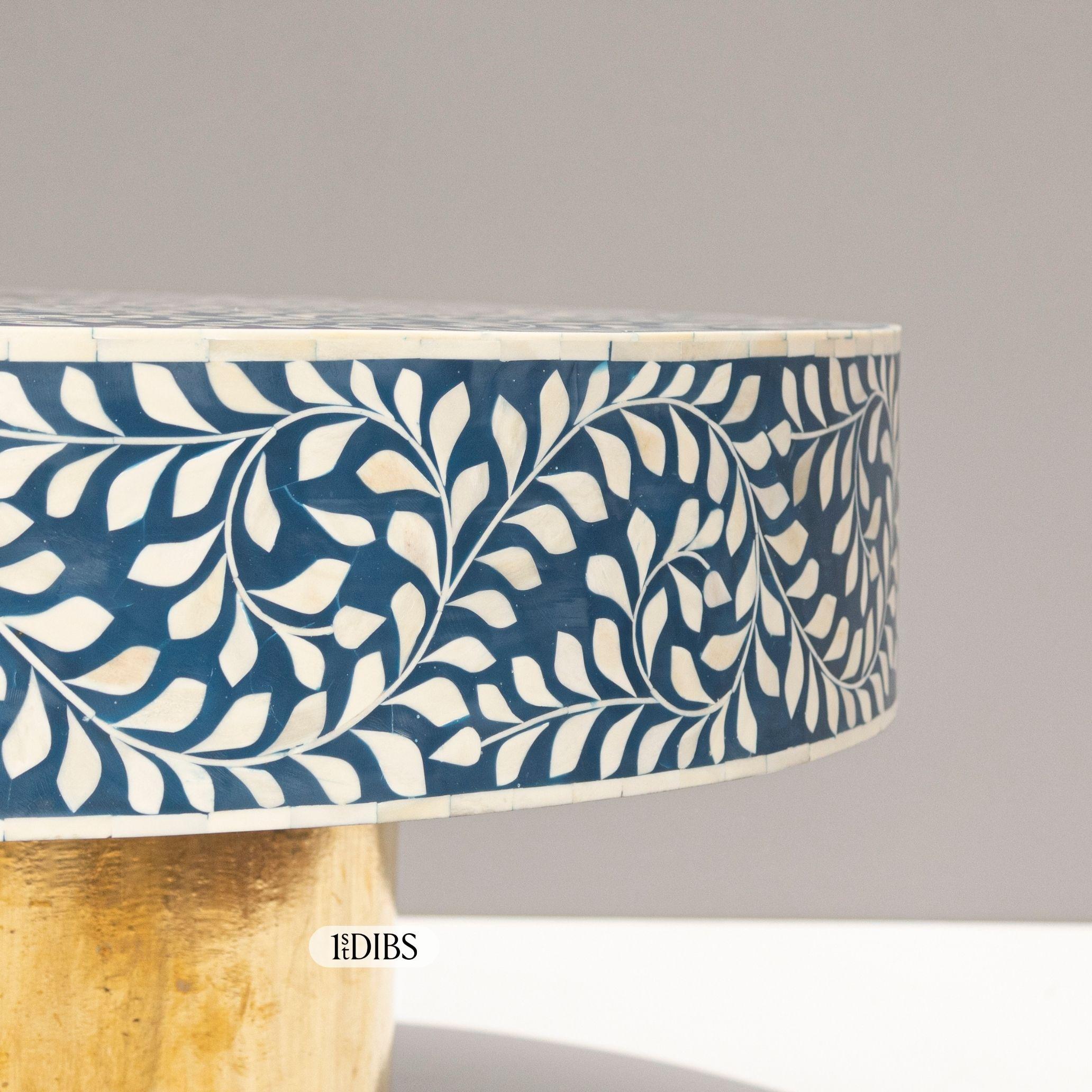 Blue Spiral Leaf Bone Inlay Coffee Table, Hammered Brass Legs by House ...