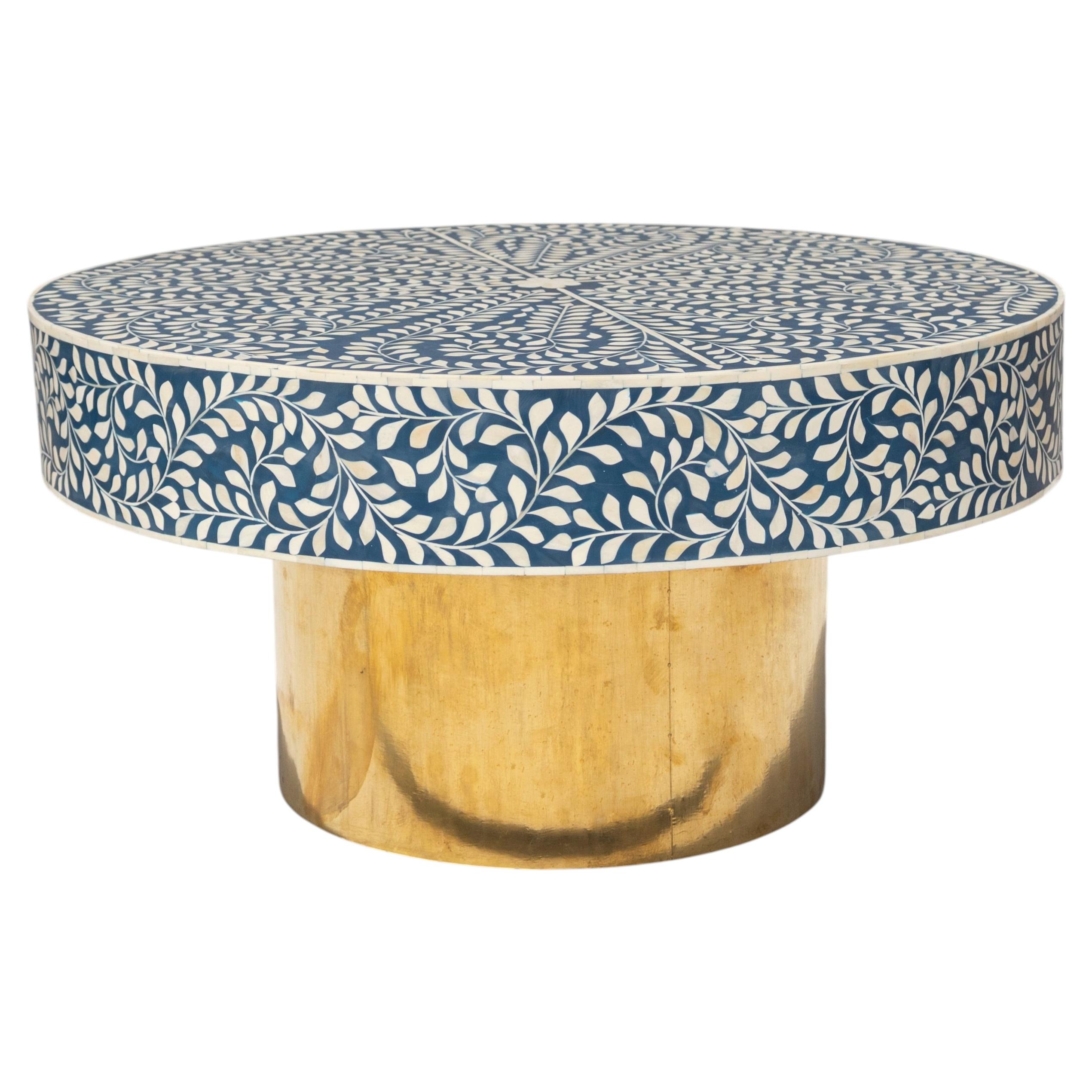 Blue Spiral Leaf Bone Inlay Coffee Table, Hammered Brass Legs by House of Jaipur For Sale