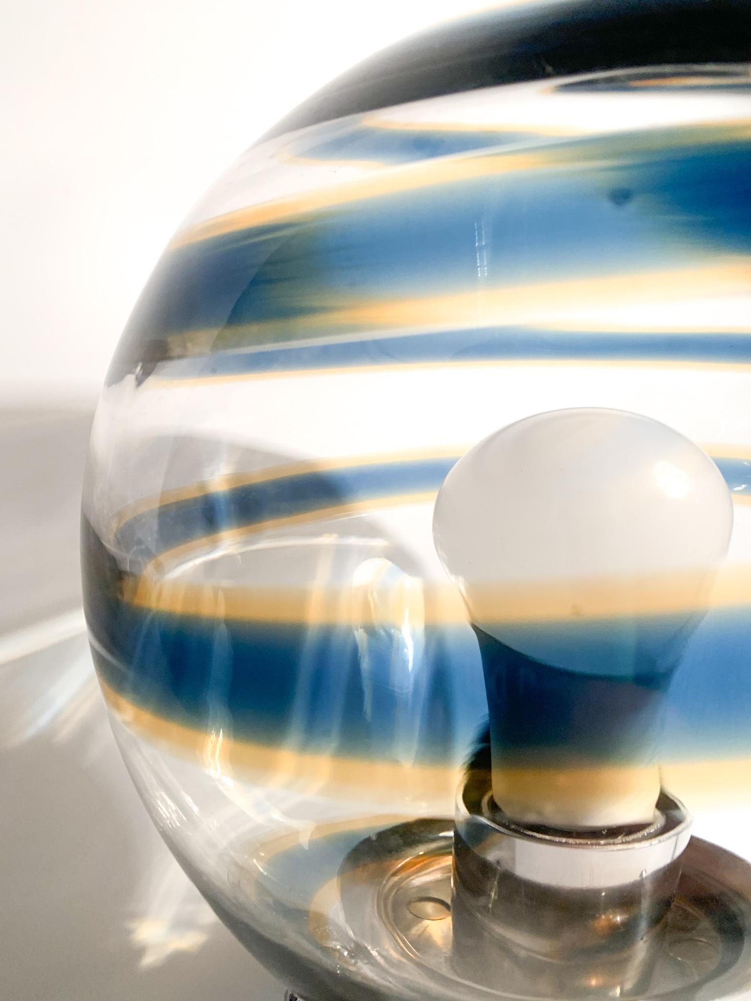Metal Blue Spiral Murano Glass Sphere Table Lamp from the 1950s