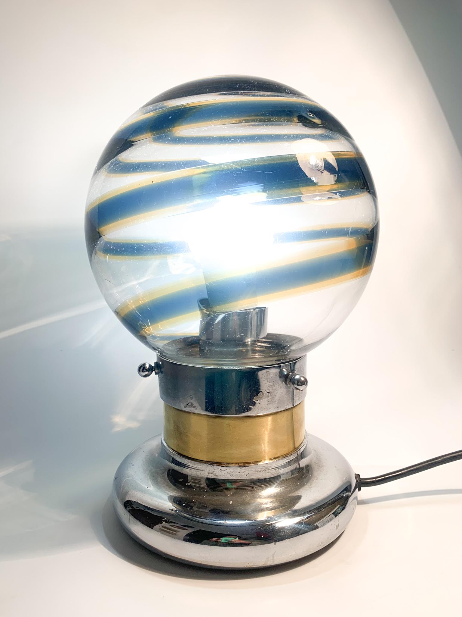 Blue Spiral Murano Glass Sphere Table Lamp from the 1950s 2