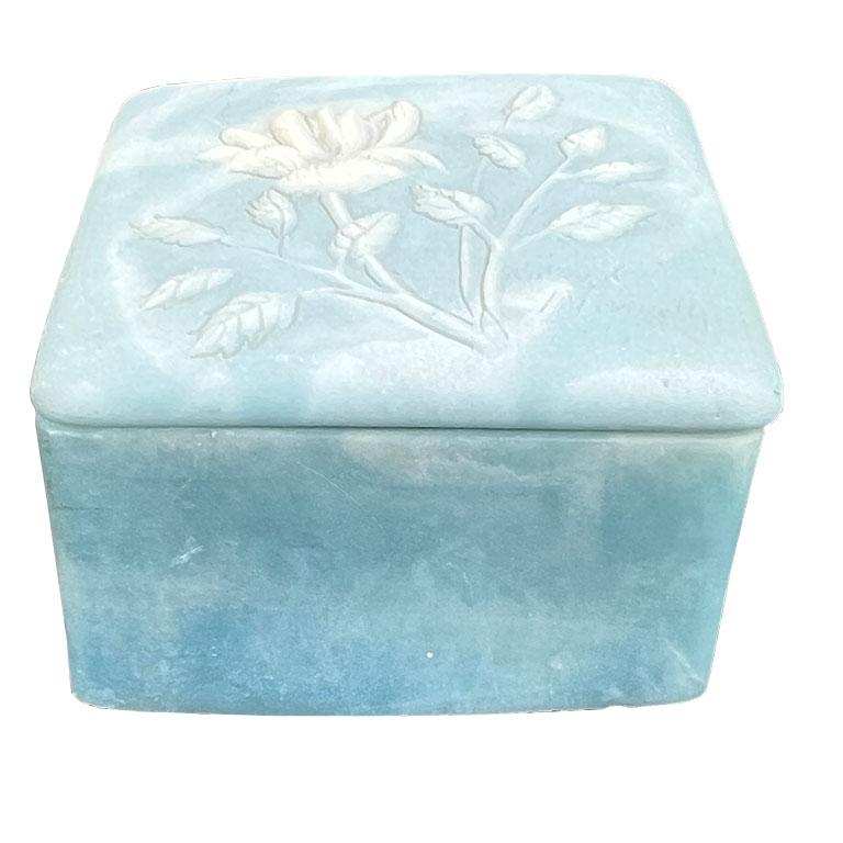 American Blue Square Floral Soapstone Trinket Box with Lid - Signed Robert Nemith For Sale