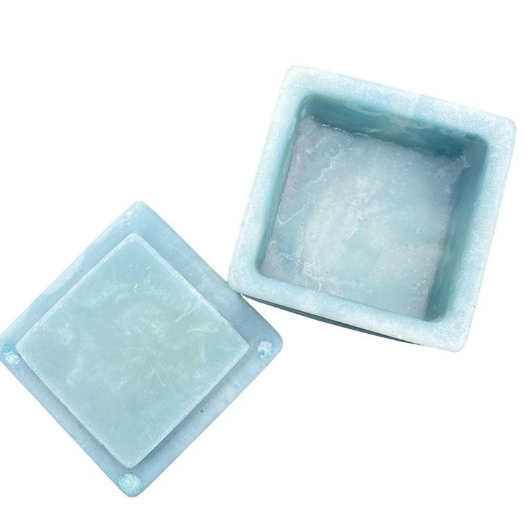 Blue Square Floral Soapstone Trinket Box with Lid - Signed Robert Nemith In Good Condition For Sale In Oklahoma City, OK