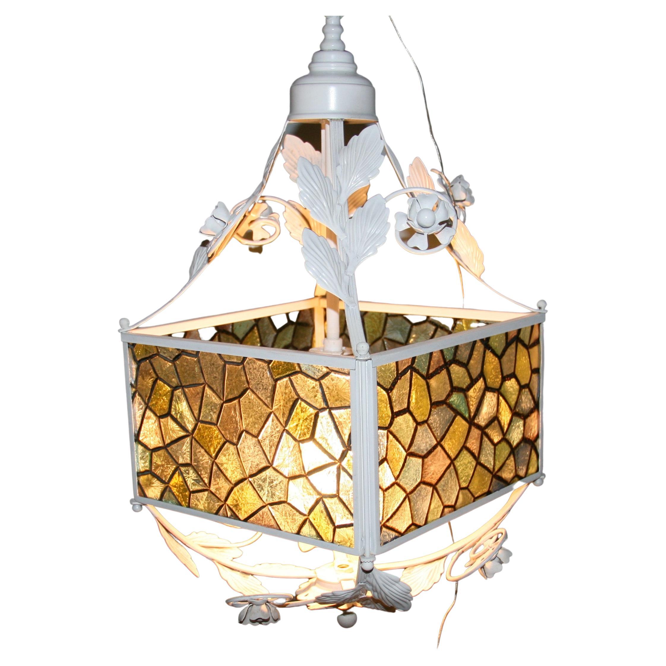Blue Stain Glass Leaves and Flower Pendant Light For Sale