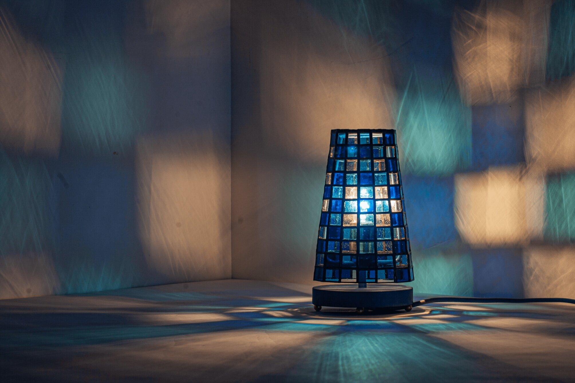 Contemporary Blue Stained Glass Small Table Lamp For Sale
