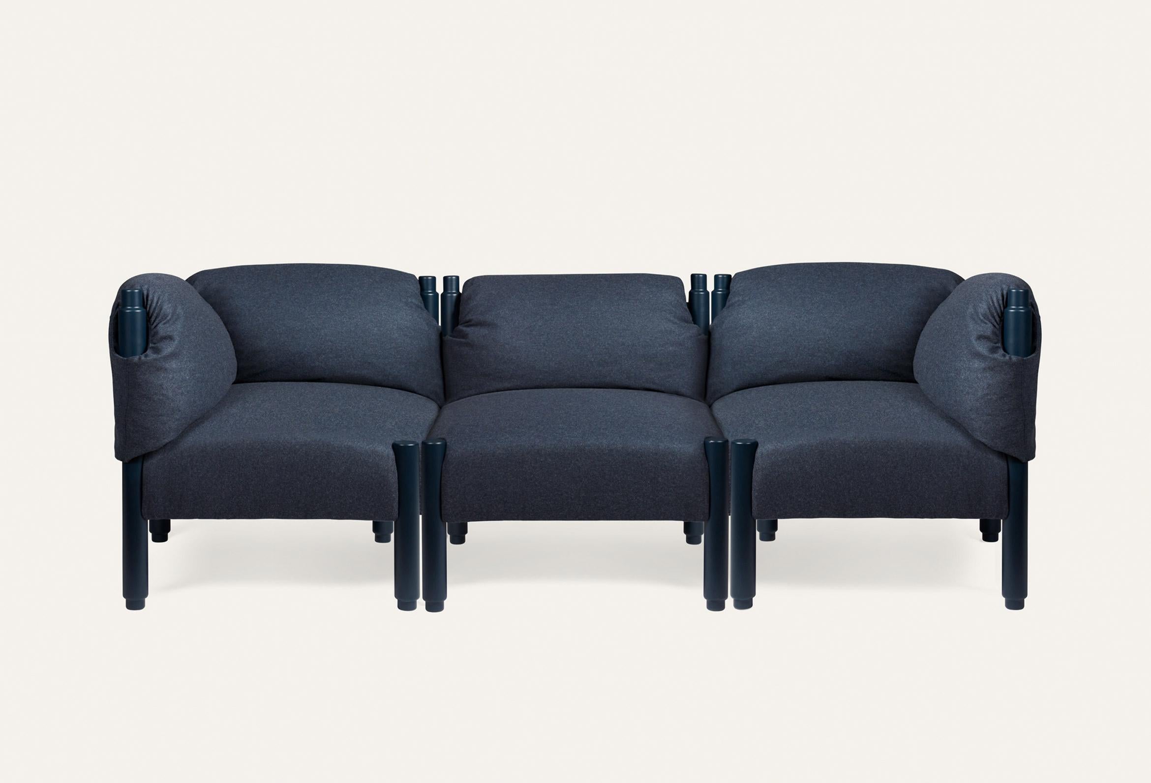 Blue stand by Me sofa by Storängen Design
Dimensions: D 222 x W 74 x H 73 x SH 42 cm
Materials: birch wood, fabric.
Available in other colors and fabrics. With fixed back or pillows.
Available in different module convinations: corner section,