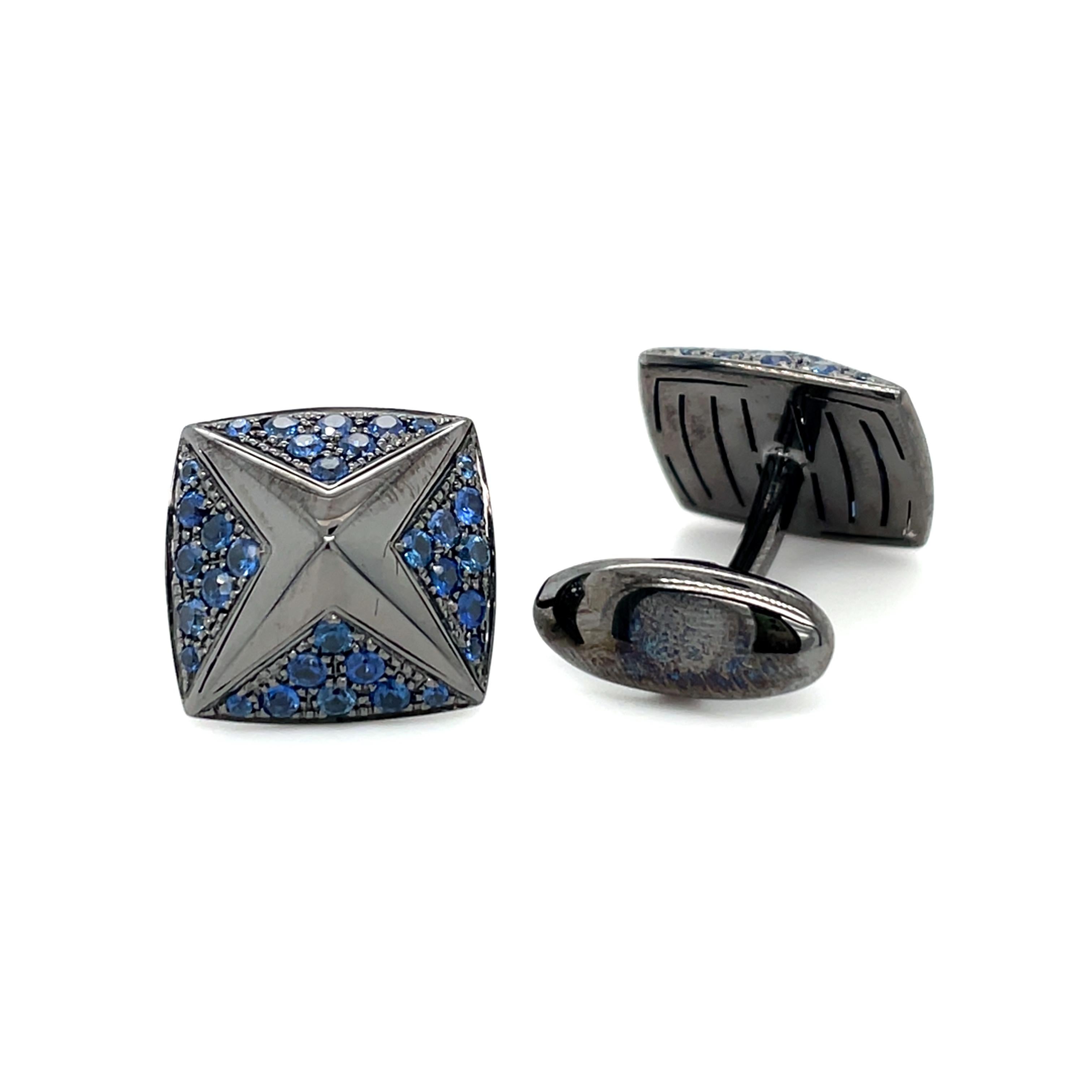 These  White gold Black rhodium cufflinks are from Men's Collection. These black rhodium cufflinks are decorated with Blue sapphires. The total amount of diamonds is 1.77 Carat. The dimensions of the cufflinks are 1.4cm x 1.4cm. These cufflinks are