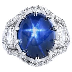 Blue Star Sapphire 18k White Gold Cadillac Diamond Ring 